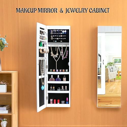 Miniatura 4 de KEDLAN Organizador de joyas de espejo, armario de joyería montado en la paredpuerta con espejo de longitud completa, armario de joyería colgante con