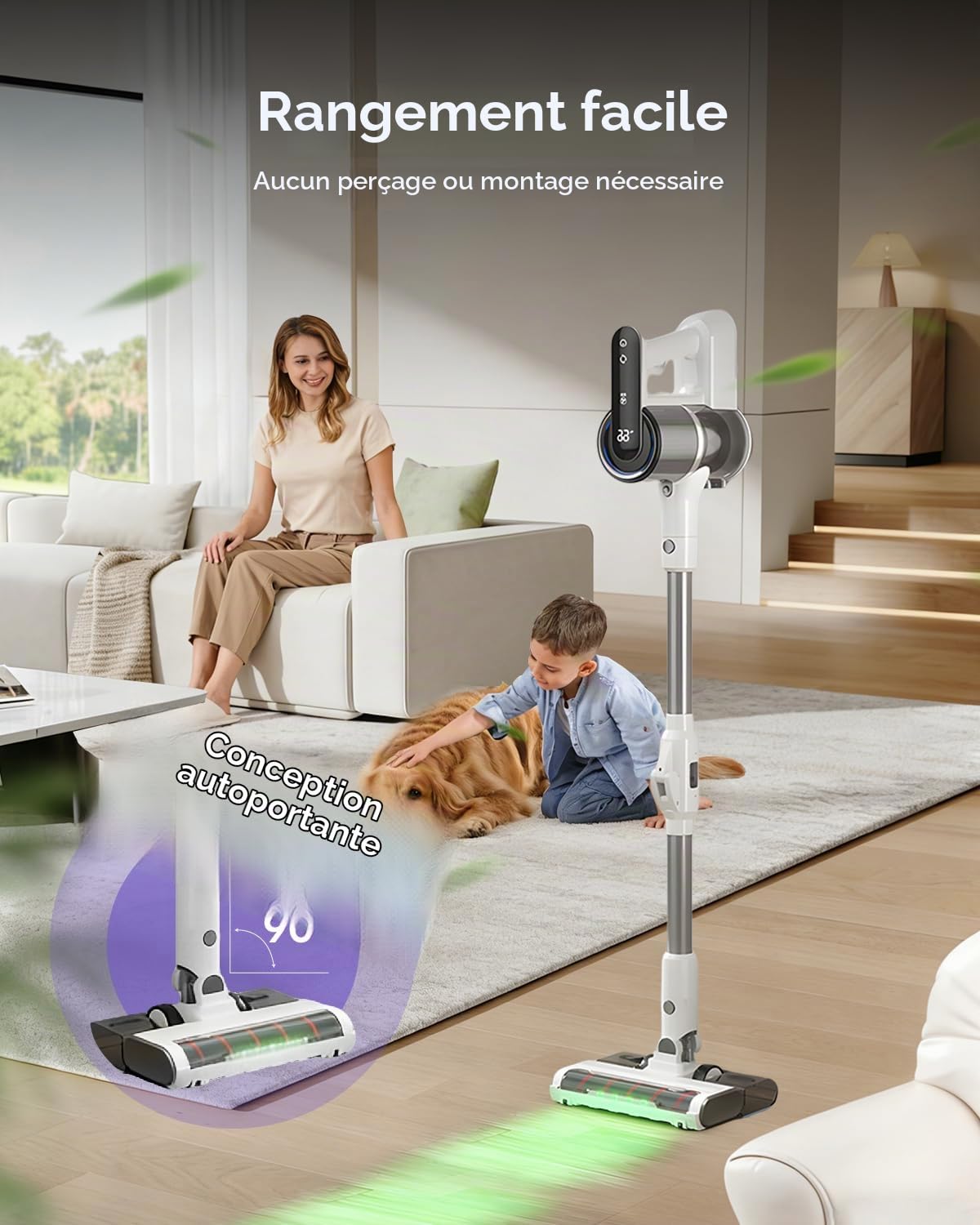 Aspirateur Balai Sans Fil, 15 000 Pa/40 000 RPM/30 Min, Aspirateur Laveur Autoportante avec Tube Pliable, Lumière Verte, Filtration Anti-Allergènes, pour Poils d'Animaux, Tapis, Sols Durs, Voiture
