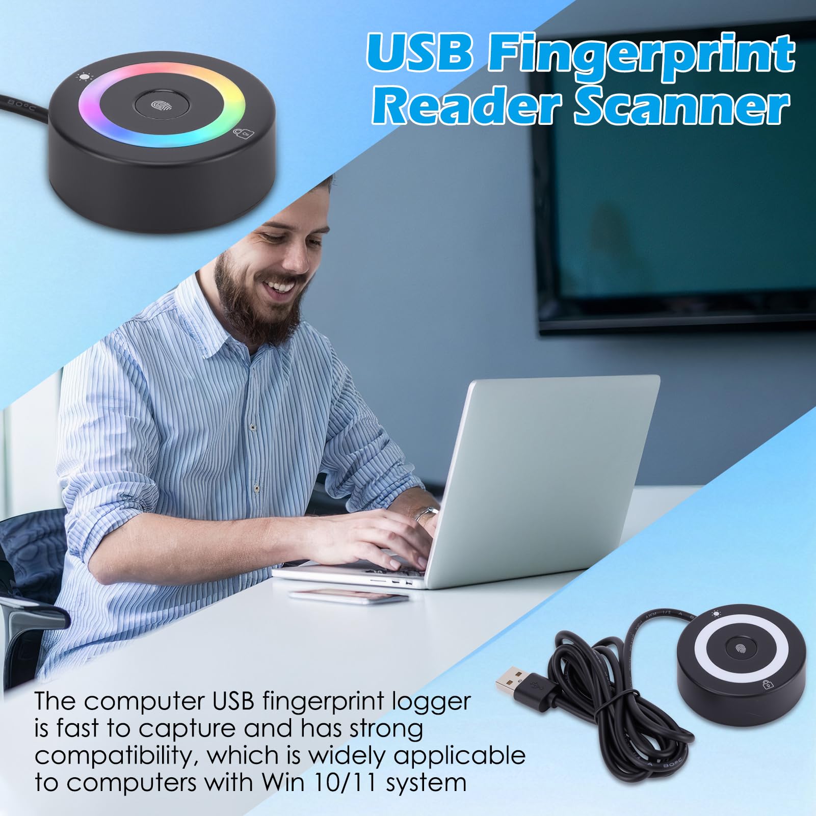 Computer USB Fingerabdruck Logger, mit farbwechselnden Lichtern, Kapazitive Fingerabdruck-Erkennungssoftware-Sperre mit farbwechselnden Lichtern beim Einschalten, kompatibel mit Windows 10/11