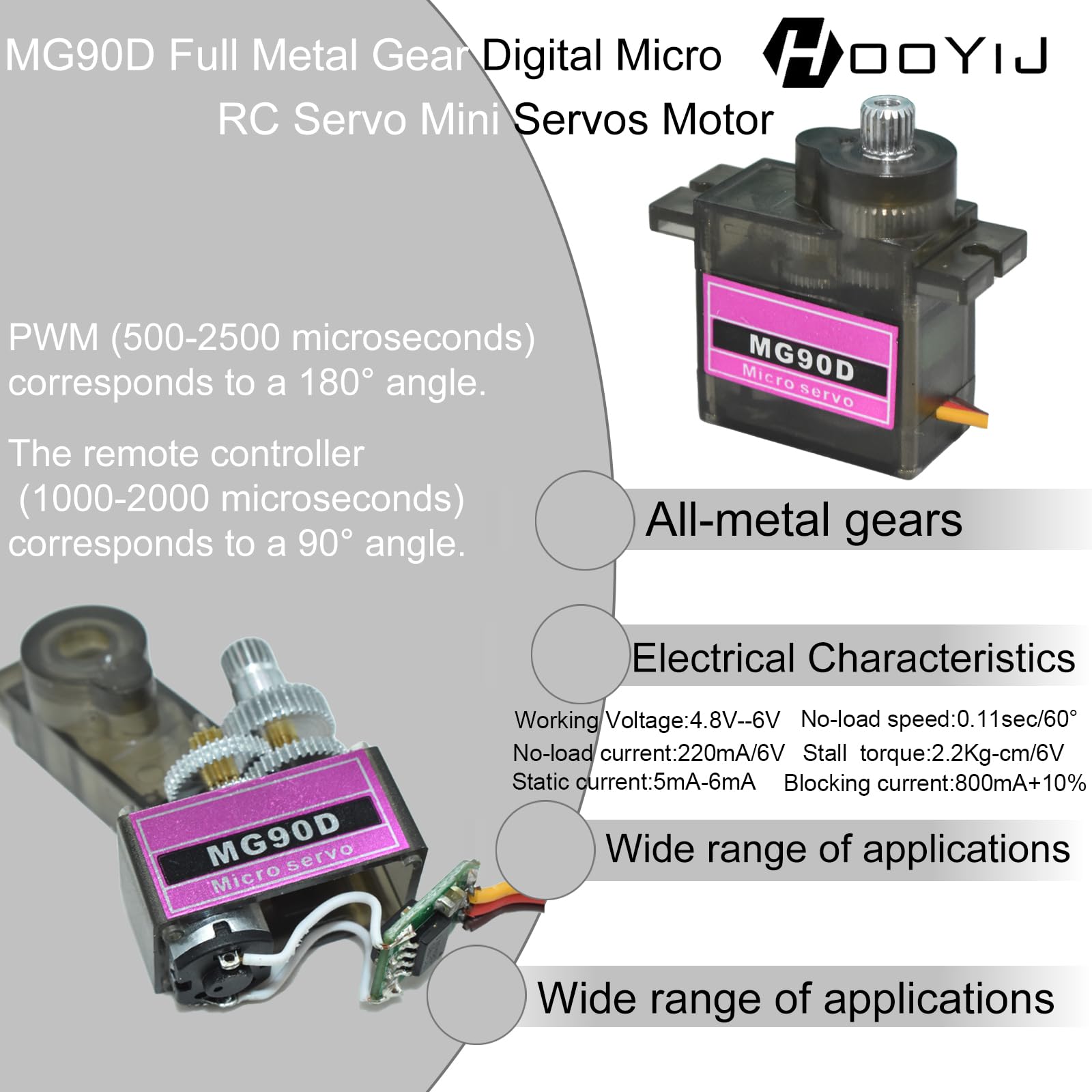 Confezione da 4 mini servomotori MG90D Full Metal Gear Digital Micro RC Servo Aggiornato SG90 per Arduino RC Smart Car Robot Arm 450 Aircraft Boat Progetti fai da te 180 gradi PWM500-2500