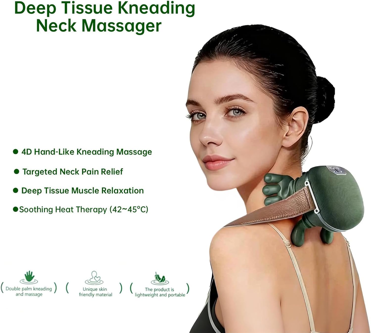 Neck Massager with Heat, 4D Deep Tissue Shiatsu Neck Massage Machine for Pain Relief, Electric Cervical Shoulder & Back Massager with Simulated Human Hand Kneading, Muscle Relaxation (Green) - Image 2