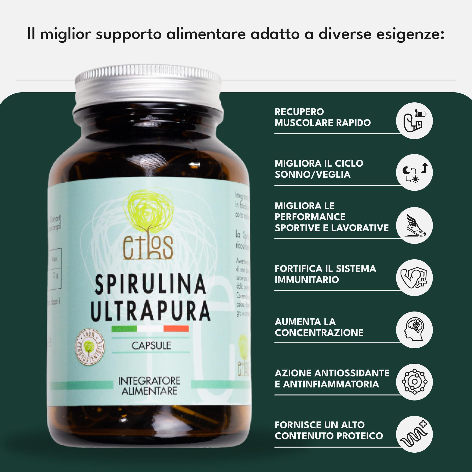 ETHOS Spirulina Ultrapura in Capsule - Alga Spirulina Pura Prodotta e Confezionata in Italia, Superfood Naturale per Performance e Benessere, Facile Assunzione, Integratore Vegan, 100 Capsule da 650mg