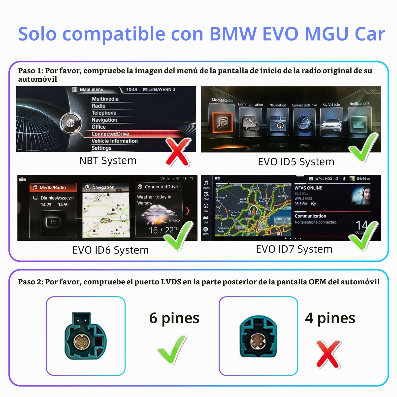 Kit de decodificador inalámbrico CarPlay y Android Auto para BMW EVO 2016+ | Plug & Play Adaptador inalámbrico CarPlay para BMW sistema EVO MGU ID5 ID6 ID7 con SWC WIFI Bluetooth Siri Navegación GPS