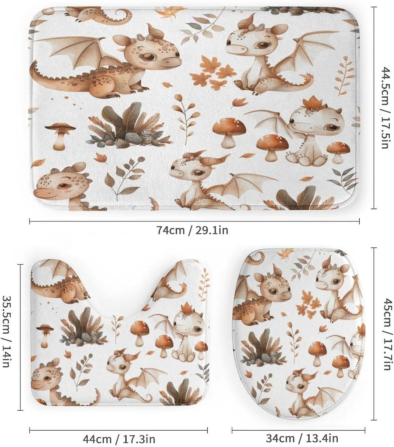 4Pcs Cute Animal Leaves Shower Curtain Set with Toilet Lid Cover U-Shaped Mat and Non-Slip Rugs, Playful Cute Baby Dragon Shower Curtain Bathroom Decor Set, 72" X 72"