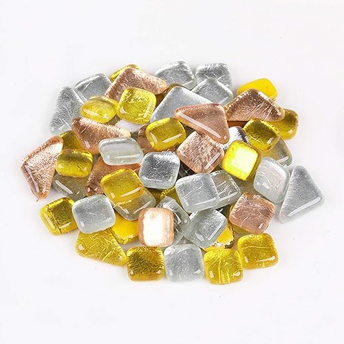 Azulejo de mosaico de vidrio dorado de 7.05 oz con formas mixtas y colores, piezas de vidrio para manualidades, platos, marcos de fotos, macetas,