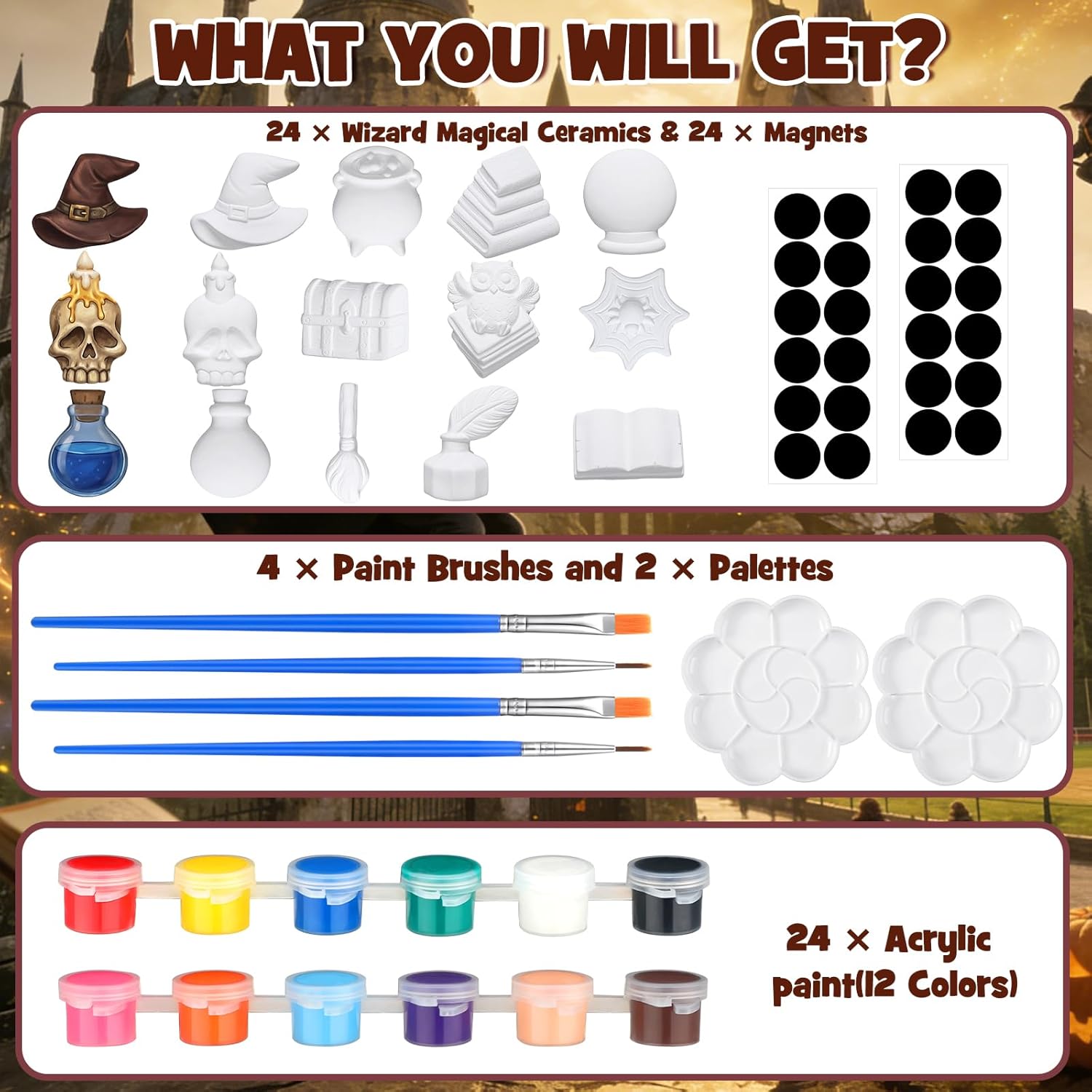 Simgoing 24 Pcs Ready to Paint Ceramic Wizard Magical Ornaments Unpainted DIY Ceramic Painting Kit with 24 Acrylic Paints 4 Paint Brushes 2 Palettes for Wizard Party Paintable Figurines, 12 Styles