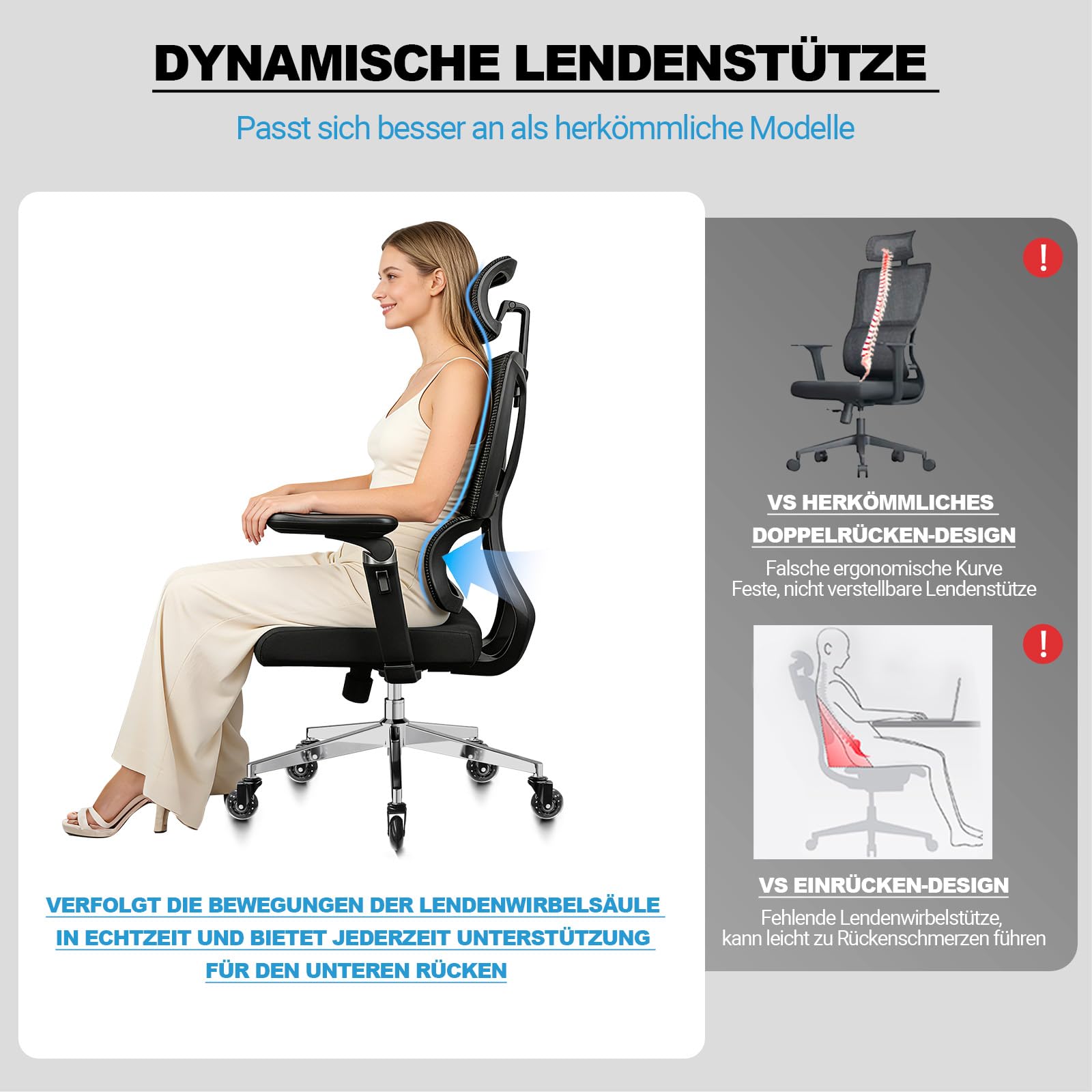 MELOKEA Bürostuhl Ergonomisch, 7D-Armlehnen, Verstellbare Sitztiefe, 4-Stufen Neigung, Gummirollen, Hohe Rückenlehne, Ergonomischer Lordosenstütze, Langes Sitzen, Homeoffice & Gaming, Bürostuhl 200KG