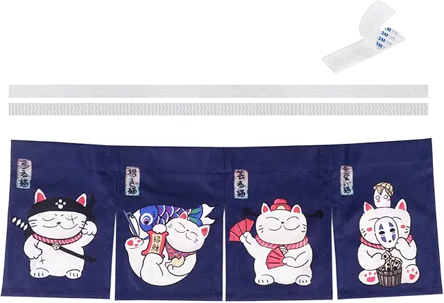Cortina Japonesa Maneki Neko | Puerta Noren de Tela | Gato Asiático 85x30 cm