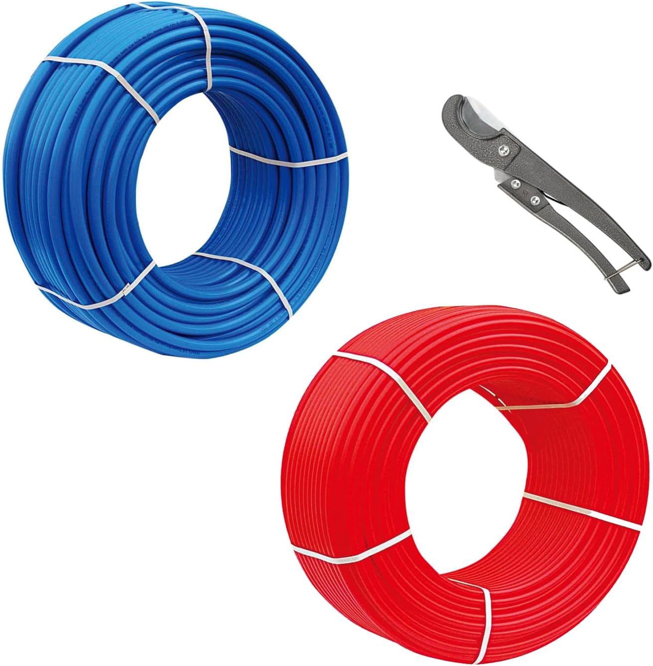 1/2 Inch PEX-B Pipe/Tool Kit, 200 ft Blue & Red PEX Tubing, 30 Brass Fittings, 100 Cinch Clamps, Clamp Tool, Pipe Cutter