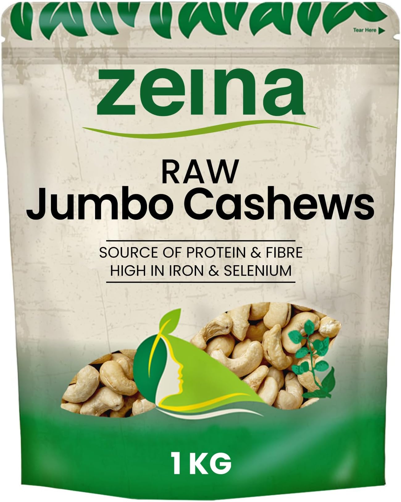 Zeina Jumbo Cashew Nuts (Raw) with High Vitamin B6 and Iron (1Kg) - Natural Fibre and Protein. A Fresh Healthy Snack with Resealable Bag - Peanut and Sesame Free