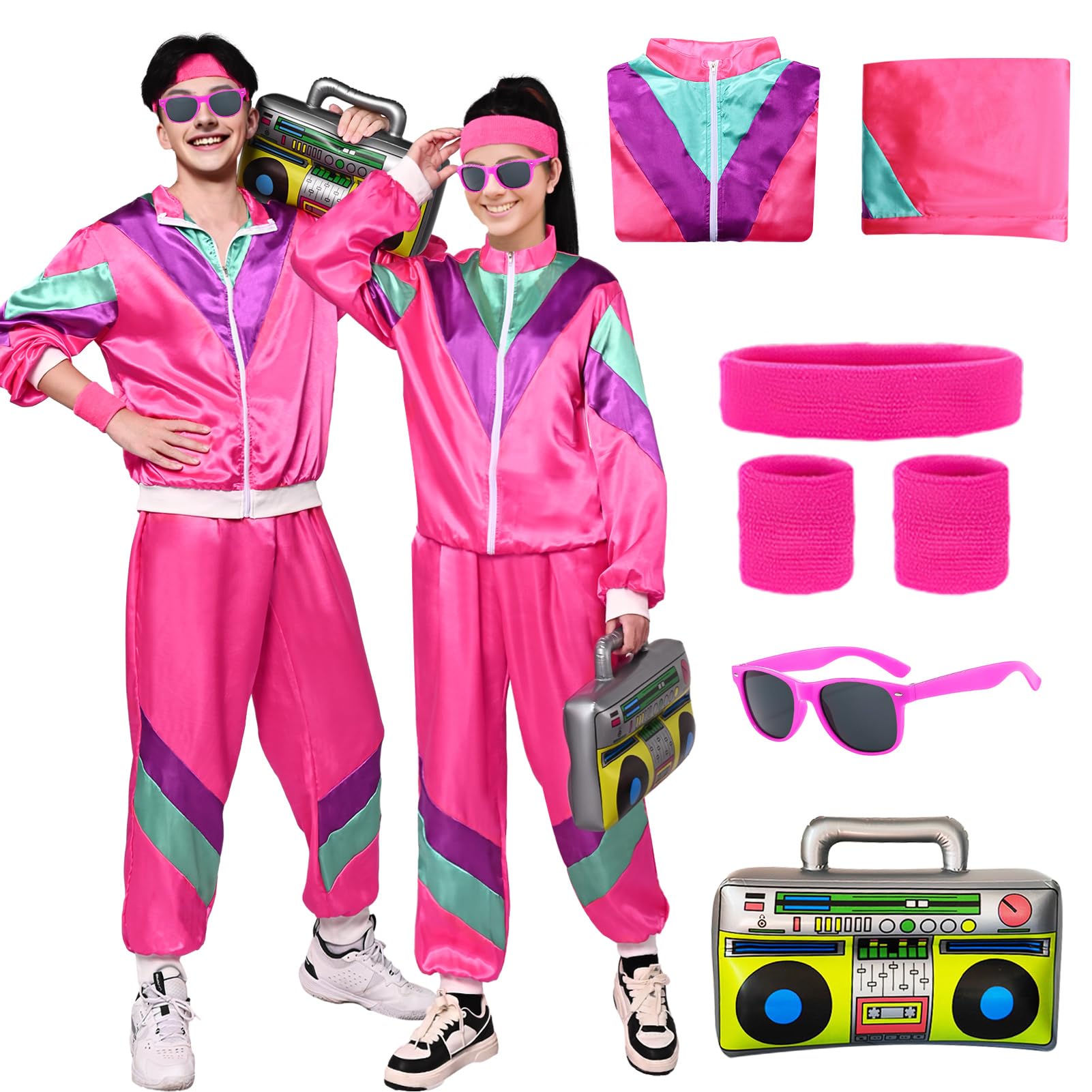 80s 90s Fancy Dress Costume Women Men Adults, Shell Suit Rave Tracksuit Outfit Retro Jacket Hip Hop Rapper Disco Neon Accessories Carnival Halloween Party (Rose, 2XL)