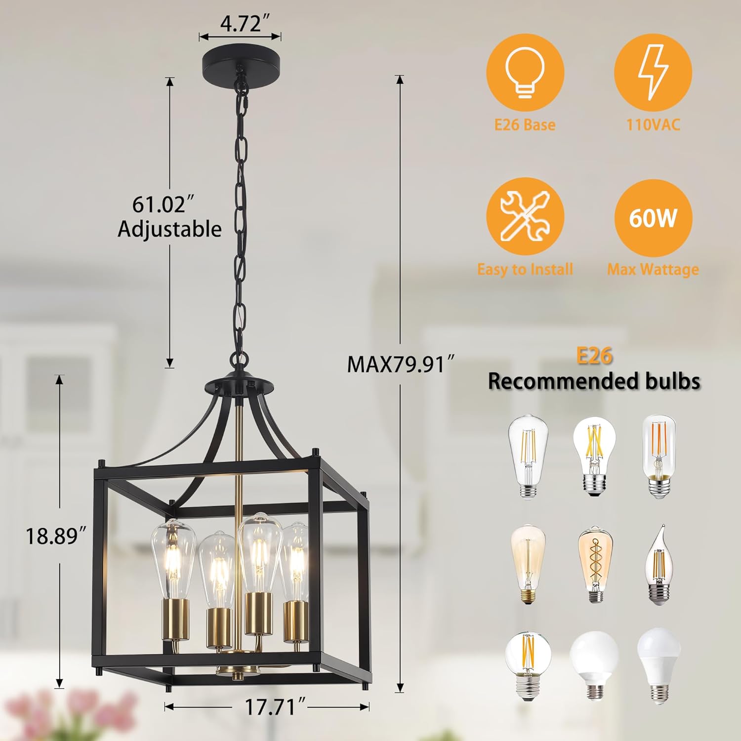 4-Light Gold Farmhouse Chandelier with Rustic Metal Frame Shade, E26 Bulb Base, Adjustable Height Industrial Ceiling Lights for Dining Room Kitchen Entryway and Foyer