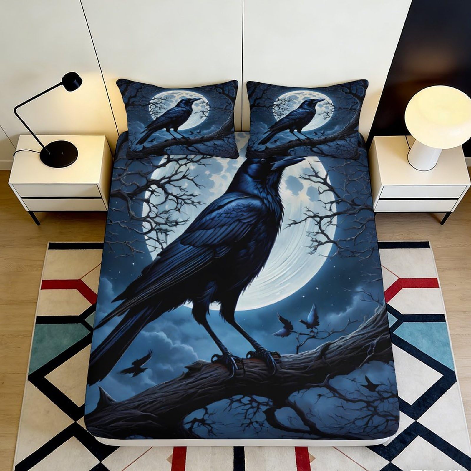 3D Printed Raven Moon Fitted Sheet Microfiber Soft Durable Night Sky Bed Cover for Bedroom Dormitory Guest Room Mattress Protection 200x200x25cm