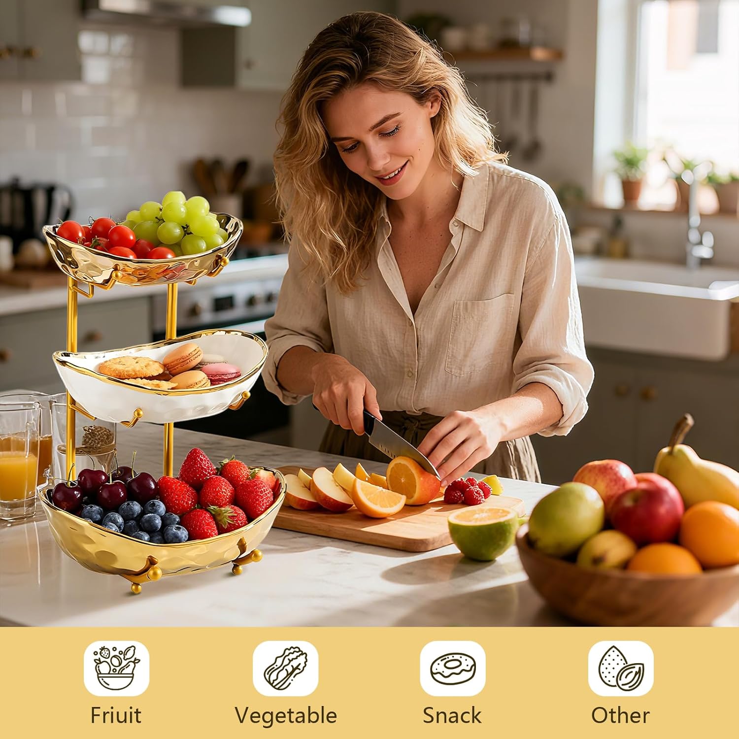 Gets 3 Tier Ceramic Fruit Bowl for Kitchen Counter - Tiered Fruit Stand with Metal Stand, Serving Tray for Snacks Nuts Cakes Desserts Bread Candy, Decorative Storage for Party Wedding Home-Gold