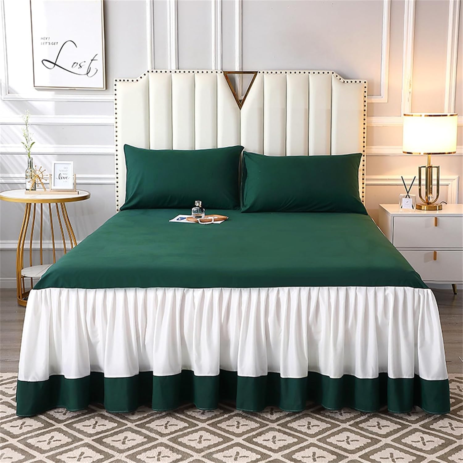 Drap-housse à volants vert foncé 180x200cm avec jupe de lit matelassée unie