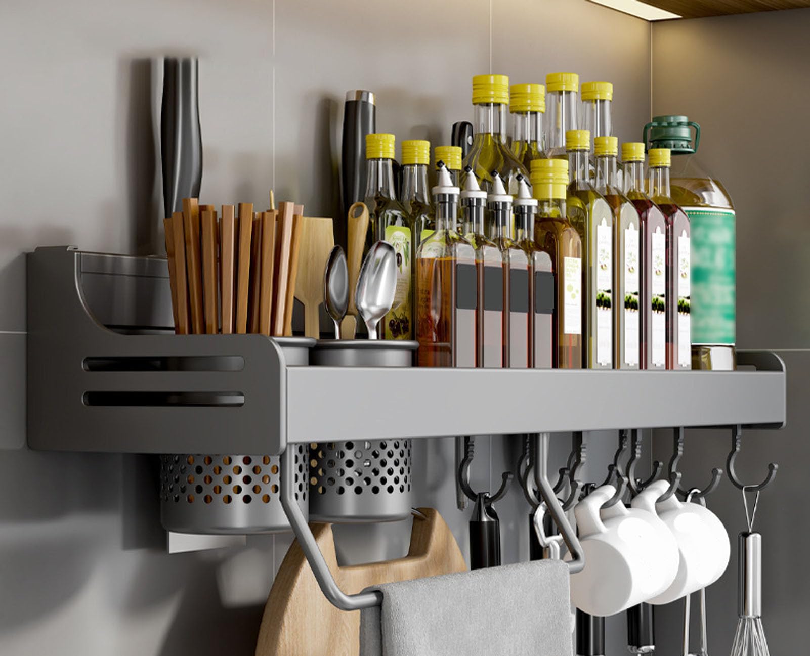 GLJTUO Wall-Mounted Spice Rack - Metal Hanging for Kitchen Spices, Seasoning Holder with Towel Holder, Knife Storage, Hooks & Utensil (Grigio 60Cm),Grigio-60Cm