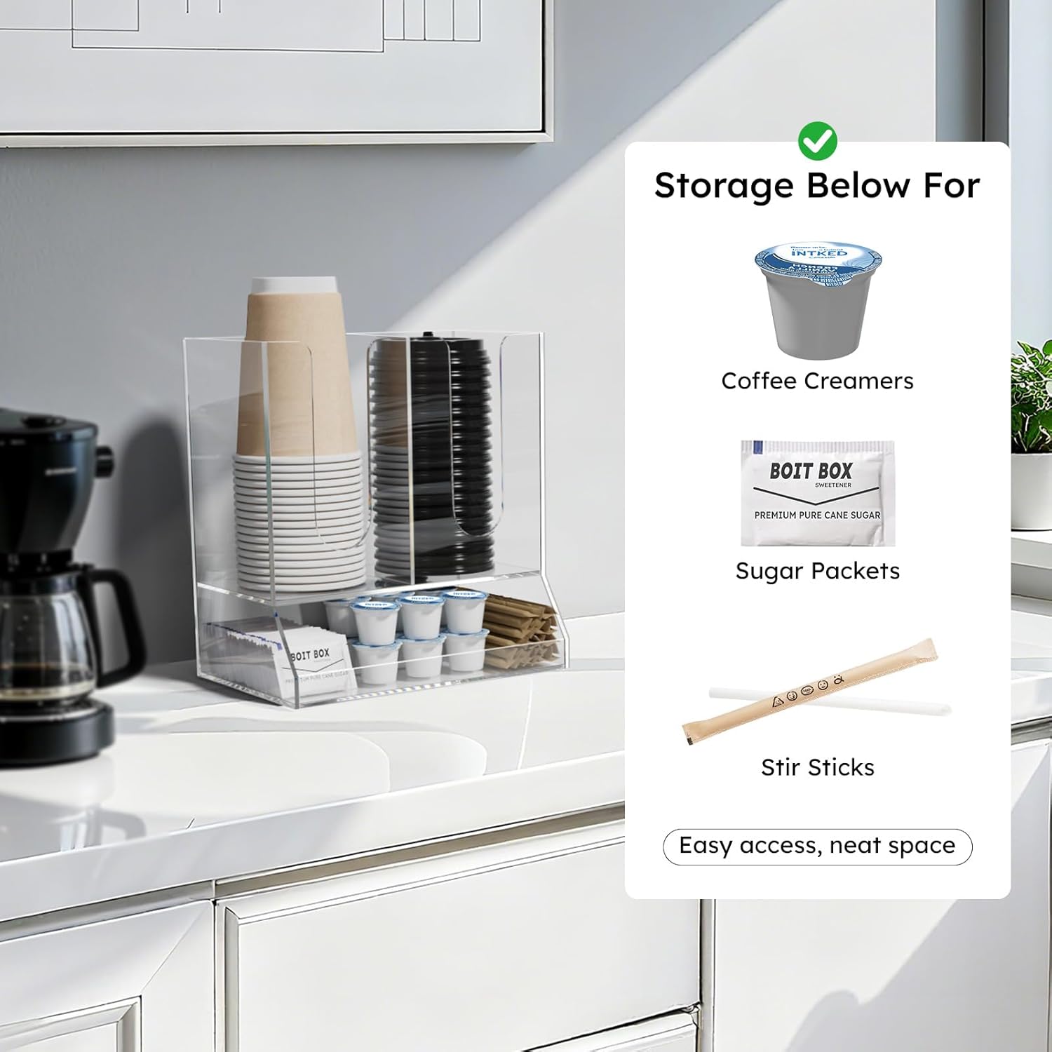 AITEE Acrylic Coffee Station Organizer for Countertop, Holds 20 Cups, All-in-One Coffee Cup and Lid Holder with Condiment Storage for Office Breakroom and Home Kitchen, Clear