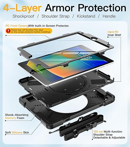 Miniatura 6 de BRAECN Funda de silicona resistente para 10.2 pulgadas, 9, 8 y 7 generación, con protector de pantalla integrado, agarre de asa, soporte, correa,