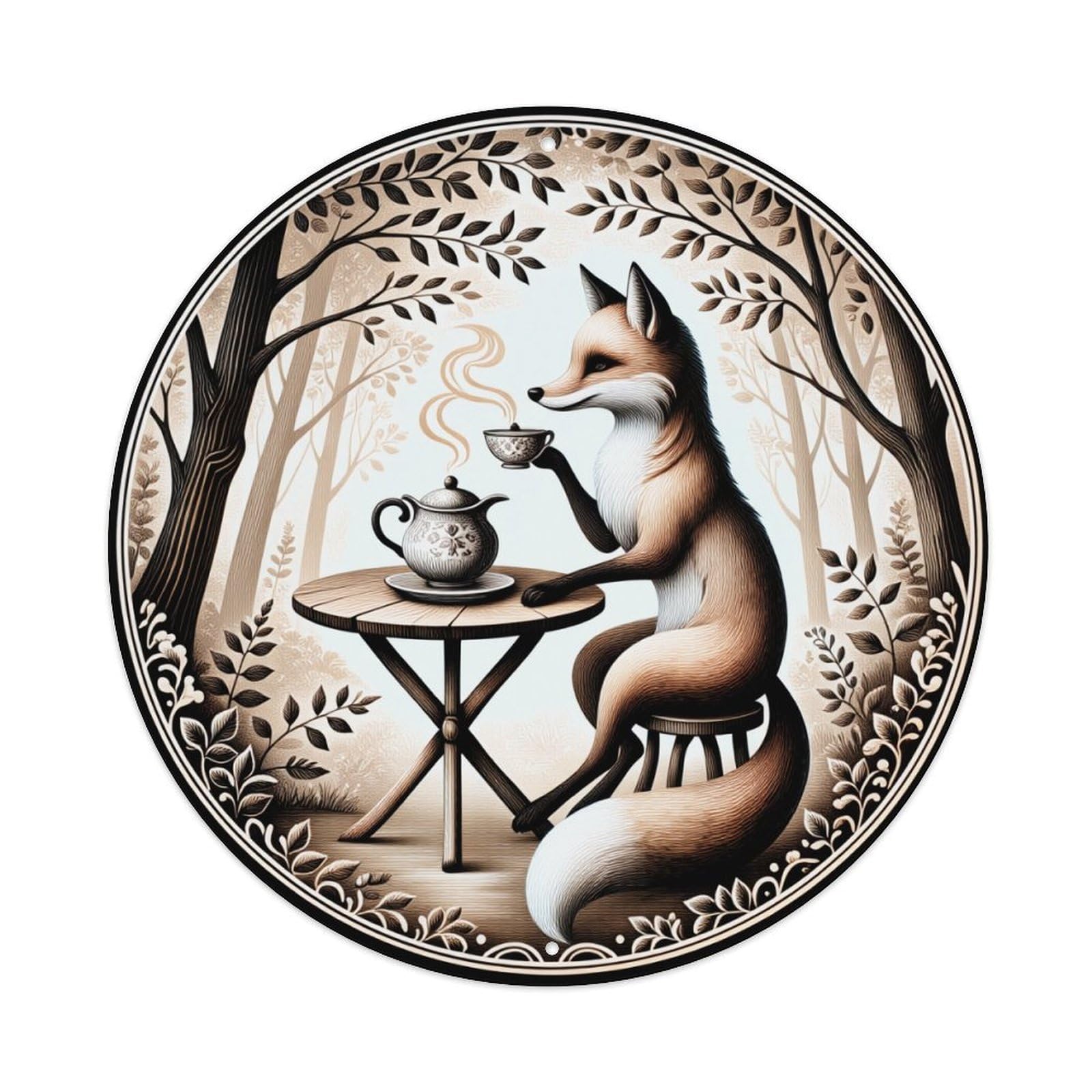 Fox Sipping Tea In Forest Round Tin Sign Vintage Metal Poster, Home Bar Garage Man Cave Cafe Indoor & Outdoor Wall Decoration 8x8Inches