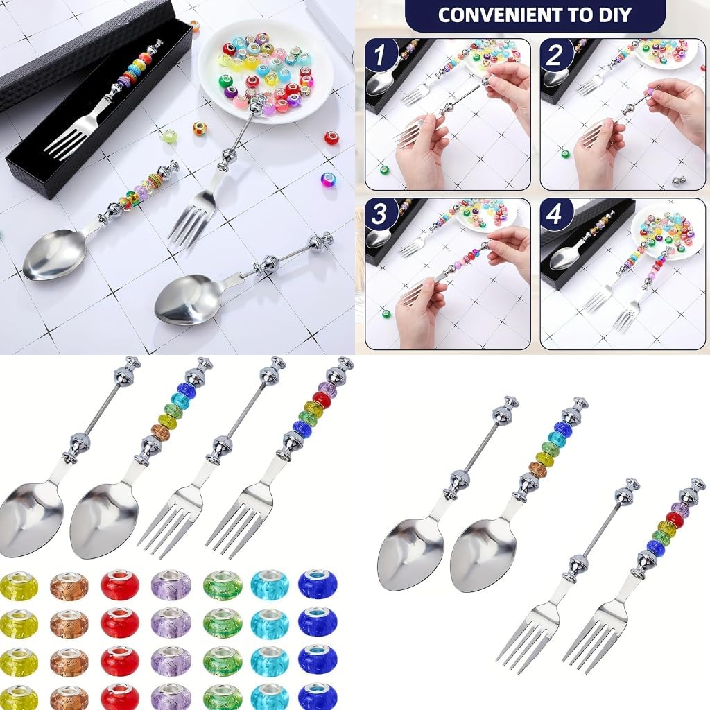4Pcs Customizable Stainless Steel Spoons and Forks Set with 28 Plastic Beads Beadable Tableware Beaded Cutlery Kits