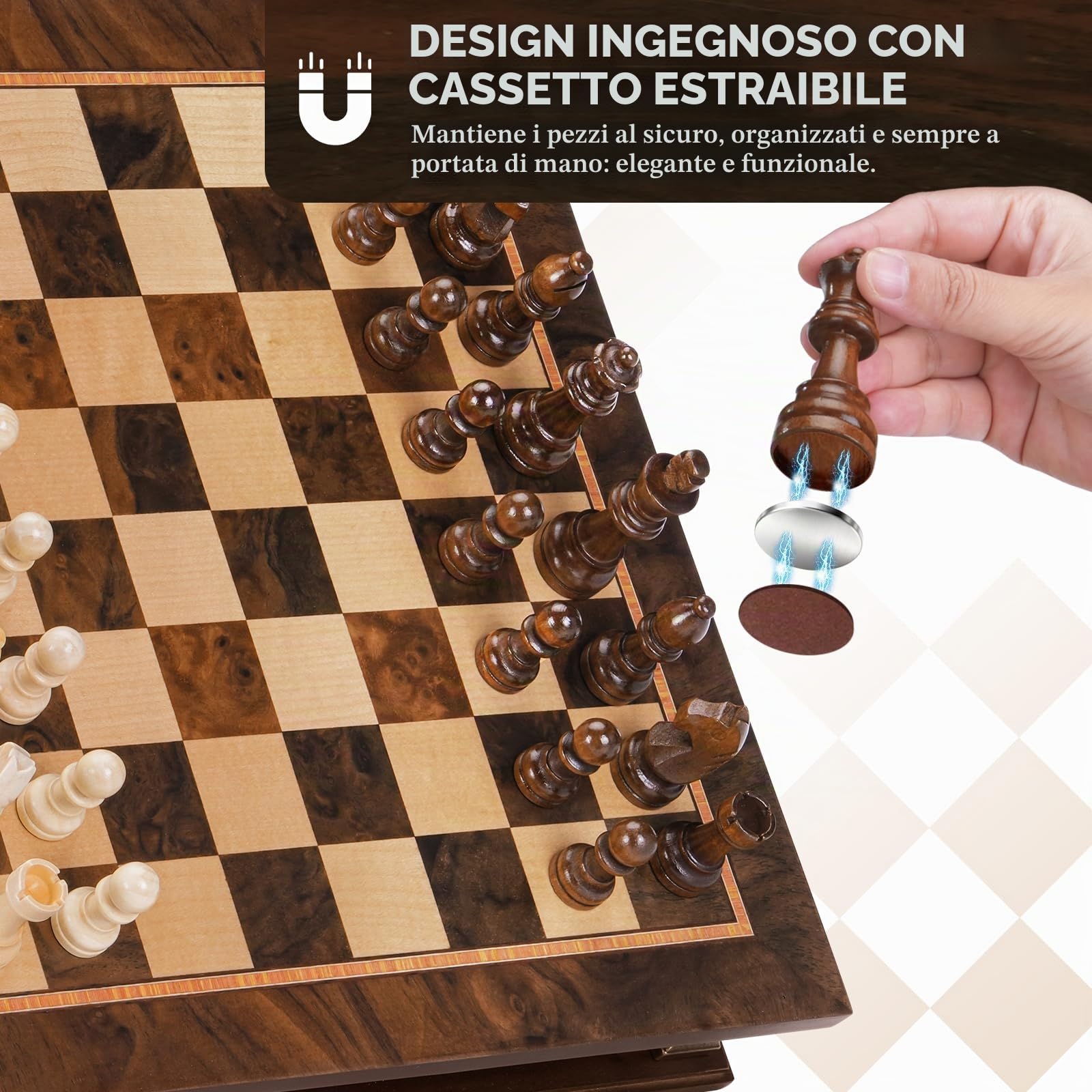 Peradix Set di scacchi magnetici a scacchi con 2 cassetti incorporati, 32 cm classici giochi in legno 2 in 1 con 2 regine extra per bambini e adulti, set da viaggio portatile da gioco di scacchi