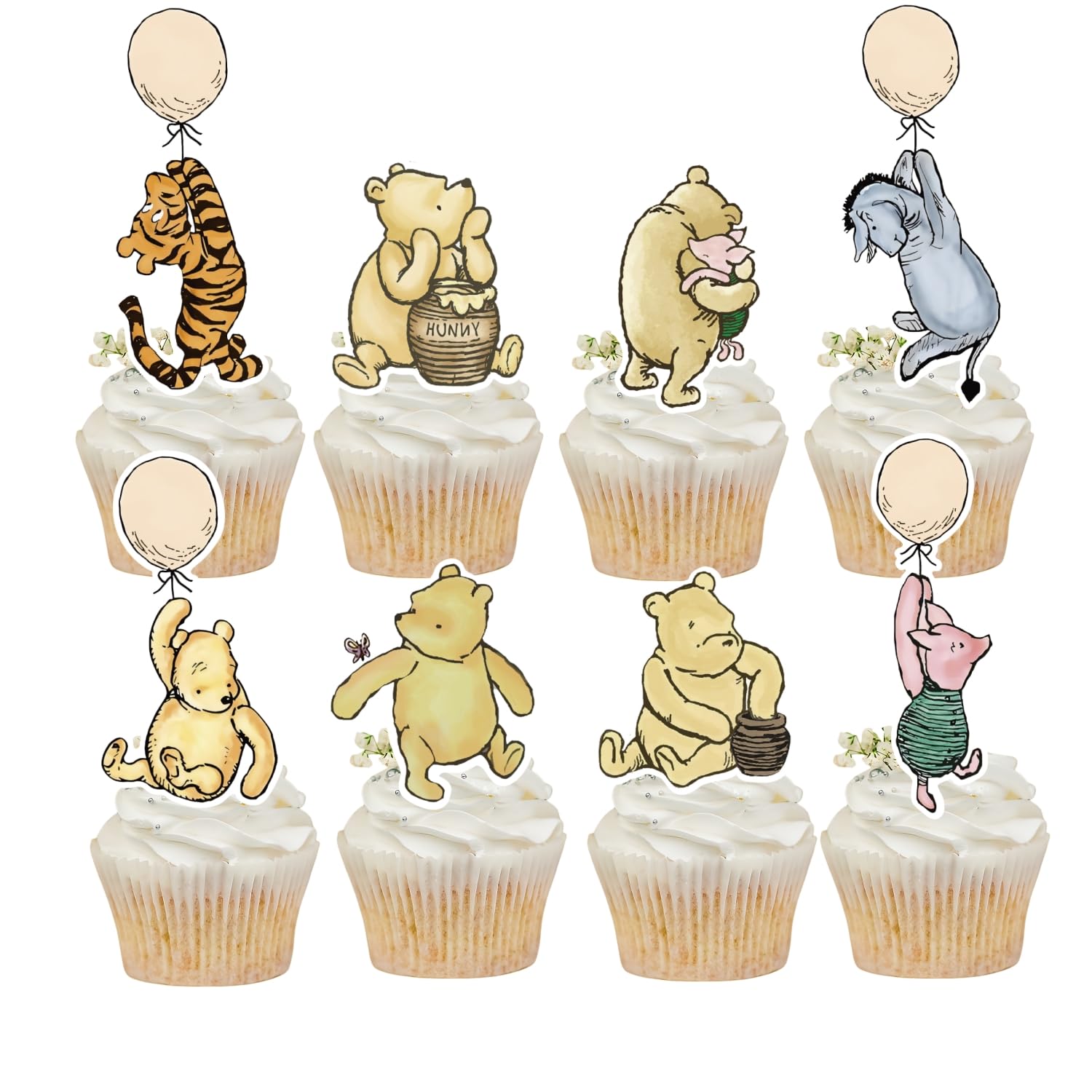 48 PCS Winnie Cupcake Toppers Classic Pooh Baby Shower Cupcake Topper Cute Winnie Birthday Party Decorations Baby Shower Favor
