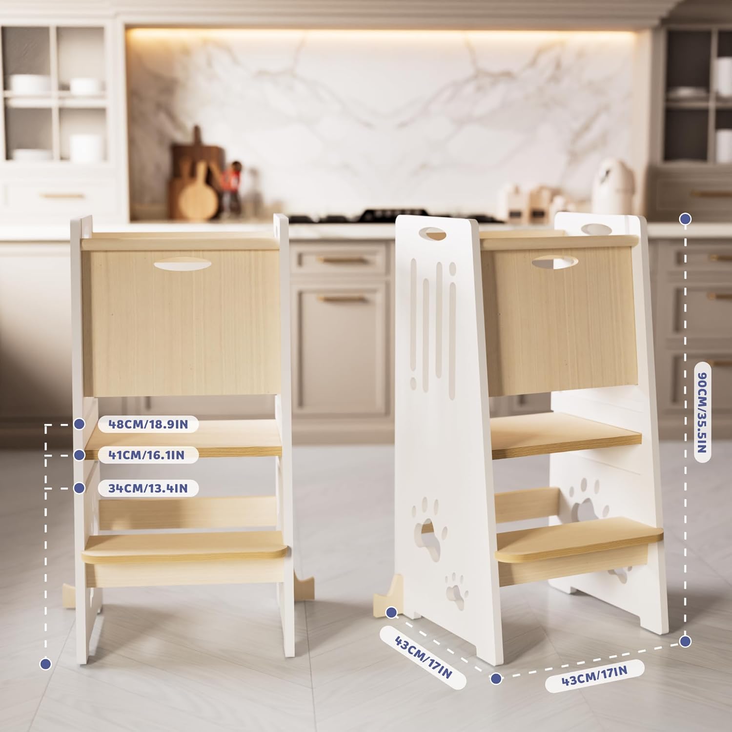 Toddler Tower,Height-Adjustable Step Stool with Sliding Safety Door,Easy to Adjust Height,Suitable for Kids from 18 Months to 5 Years Old,Anti-tilt Kitchen Step Stool with Safety Feet-White