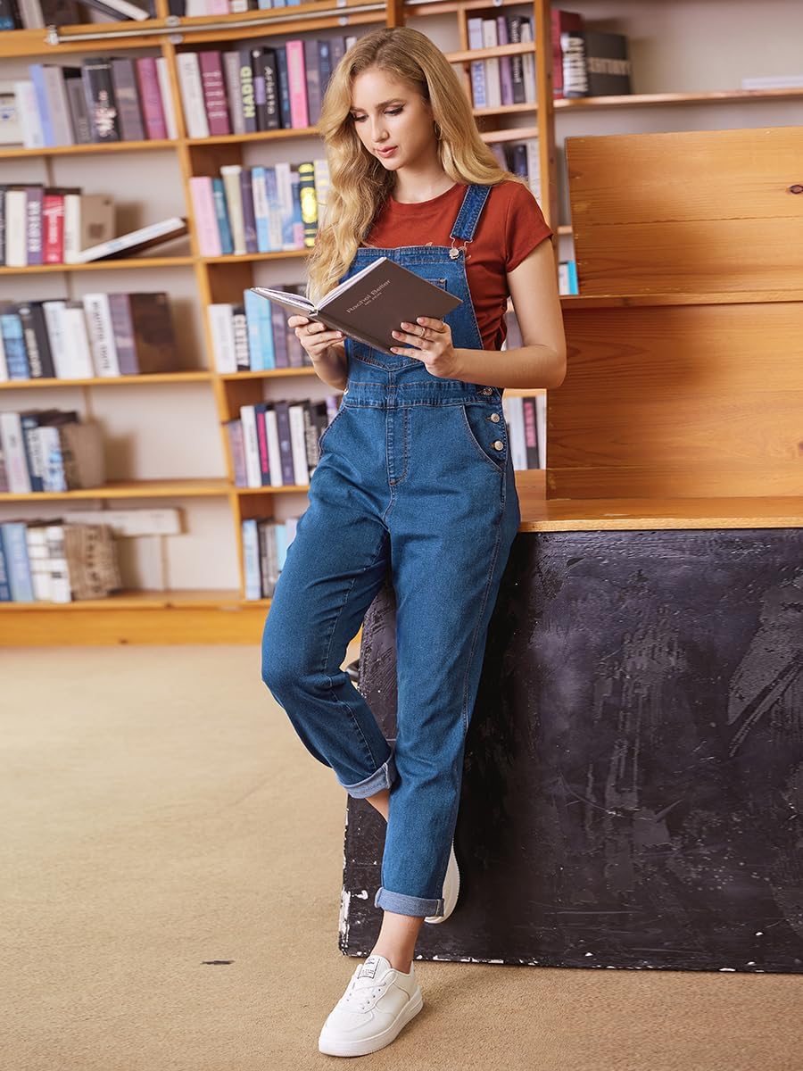 Women's Casual Stretch Classic Basic Boyfriend Fit Casual Denim Bib Overalls - Image 6
