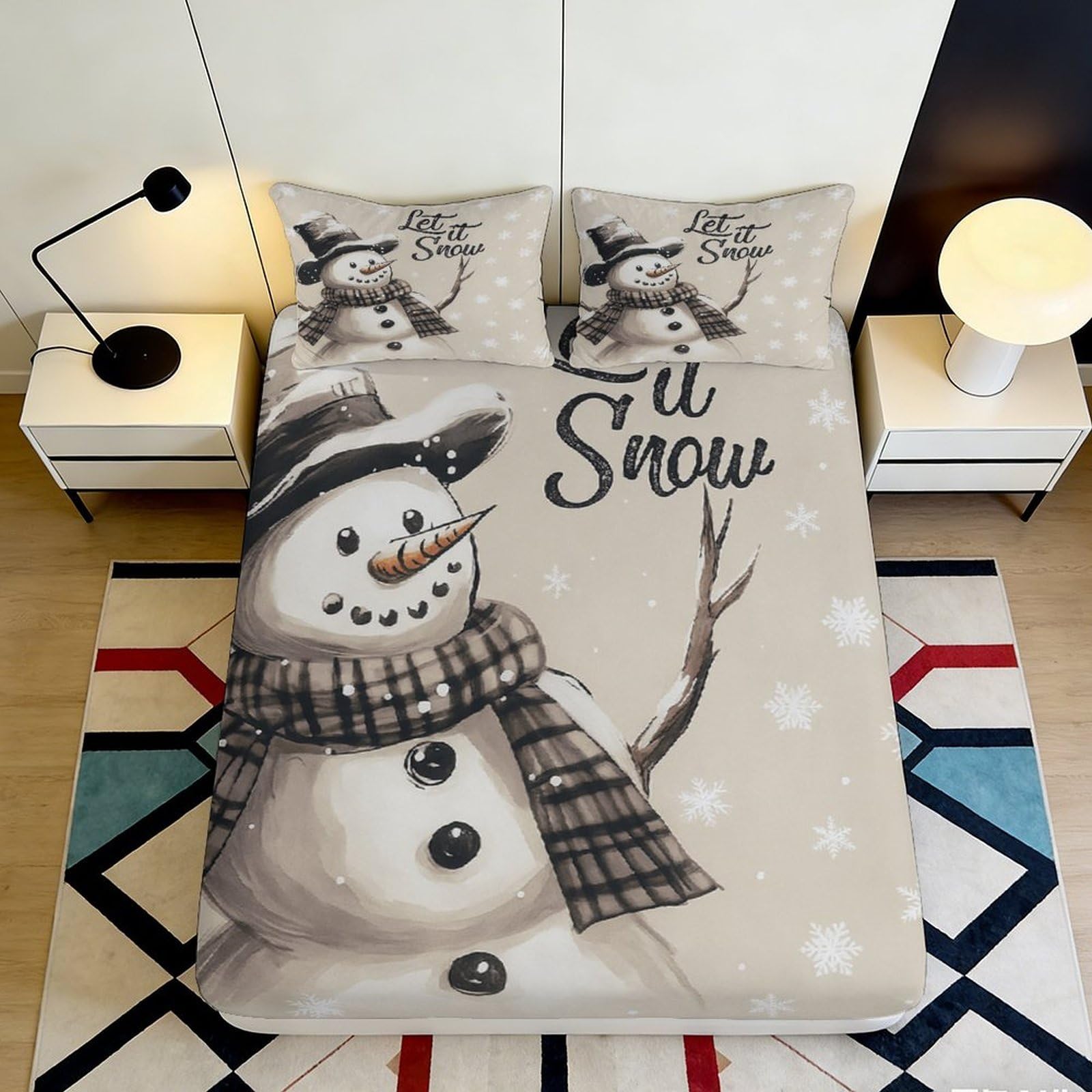 3D Printed Snowman Winter Fitted Sheet Microfiber Soft Breathable Christmas Snowflake Bed Cover for Bedroom Guest Room Mattress Decor 90x200x25cm