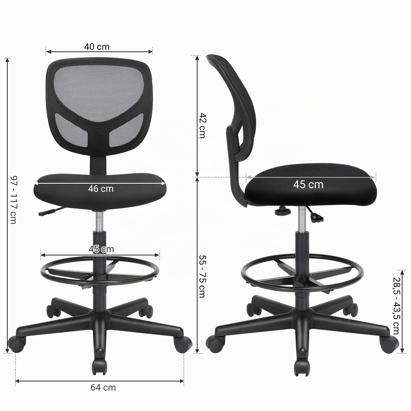 SONGMICS Tabouret avec Repose-Pieds Circulaire, Hauteur réglable, Siège Ergonomique Rotatif, Fauteuil de Bureau sans accoudoirs, Revêtement en Tissu, Charge 120 kg, Noir OBN15BK