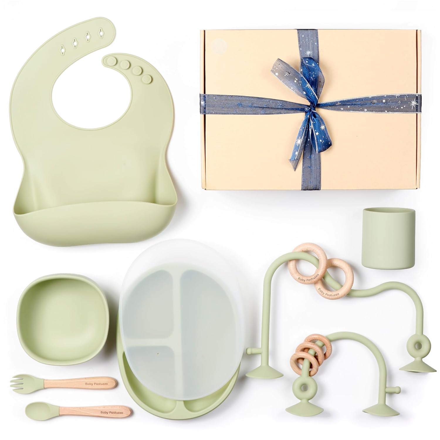Set of Silicone Baby Feeding Essentials 6 in 1 and Educational Montessori Baby Toys, highchair Toys Suction for Infant Toddlers (Olive)