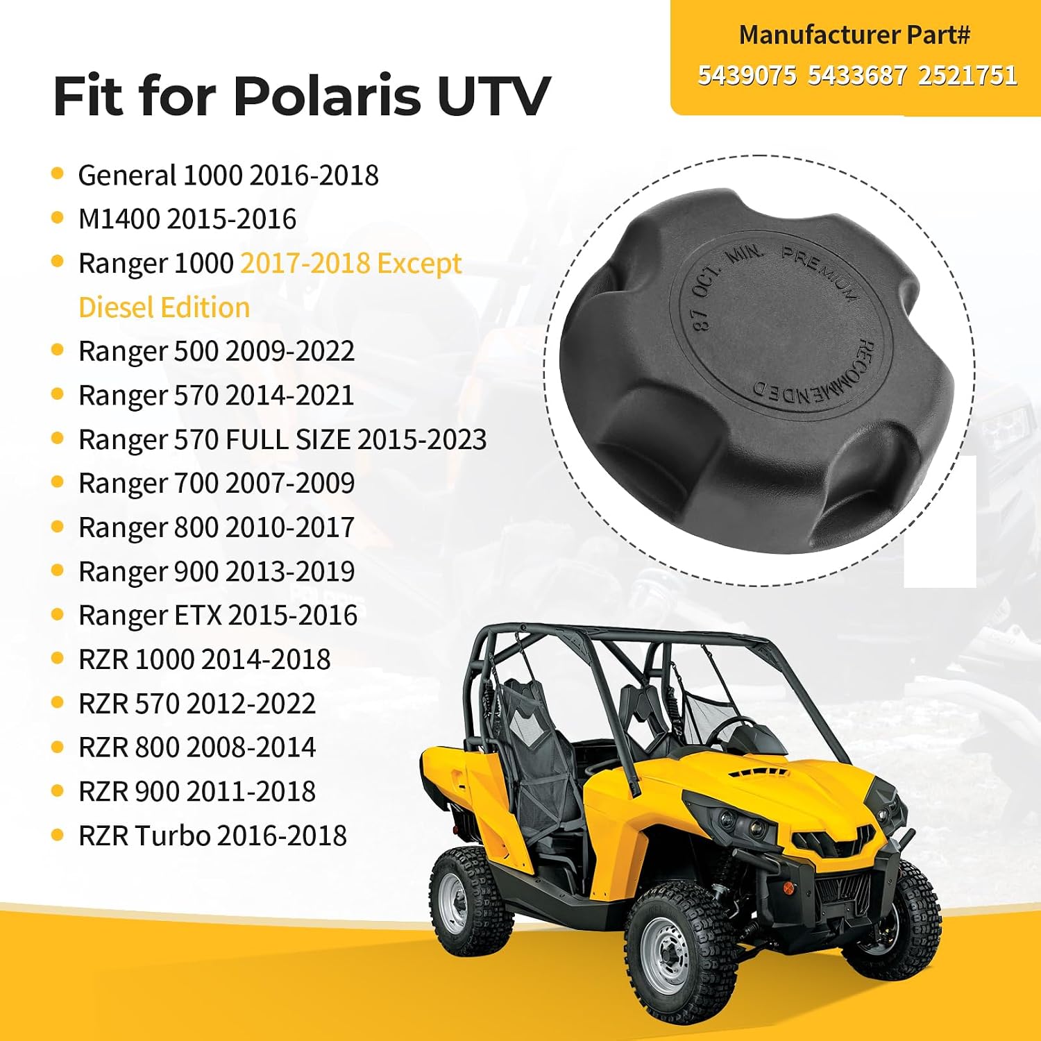 M MATI Fuel Cap Gas Cap for Polaris RZR Ranger General 1000 900 800 700 500 570 500 Turbo ETX M1400 5439075 5433687 2521751