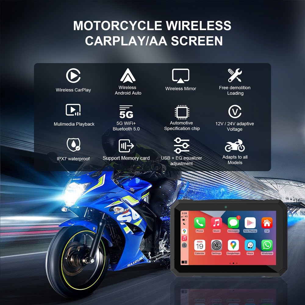 Sunweyer Motorrad Carplay und Android Auto Tragbare Drahtlose GPS Navigation 7 Zoll IPX7 Wasserdicht Touchscreen 5G Dual Bluetooth