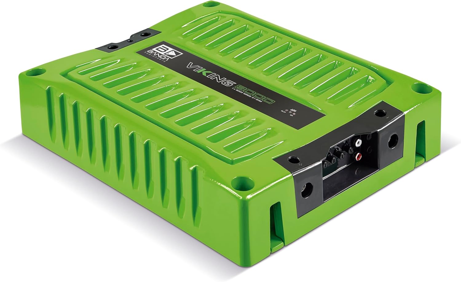 Angled view of the Banda Viking 8000.1 amplifier, highlighting the green chassis and side panels.
