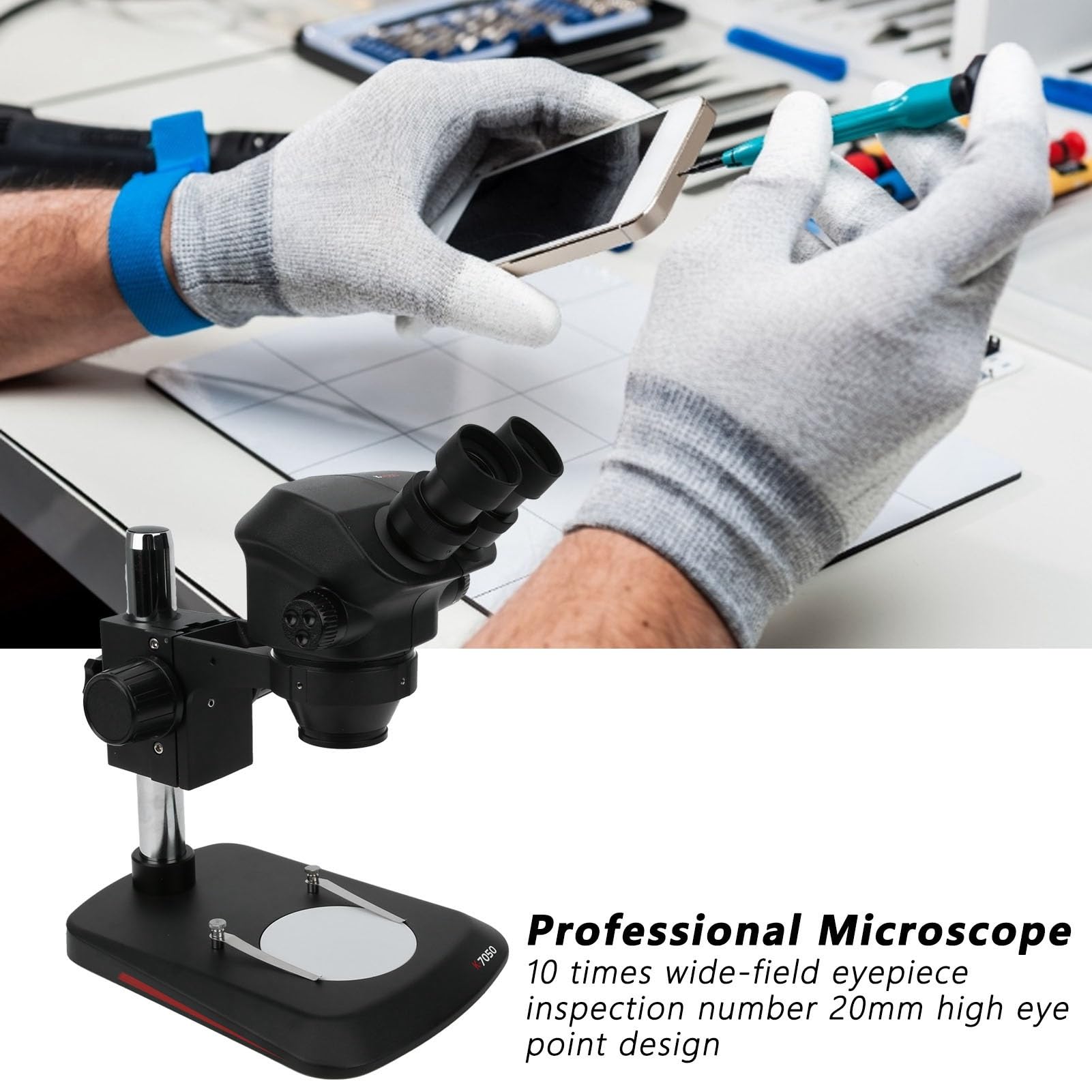 Cocoarm Microscopio Biológico Microscopio Estéreo de Plástico K 7050 Zoom de 7 a 50x Cabeza Binocular de 45 Grados Oculares 10x Distancia de Trabajo de 10 Cm para Reparación de Teléfonos PCB