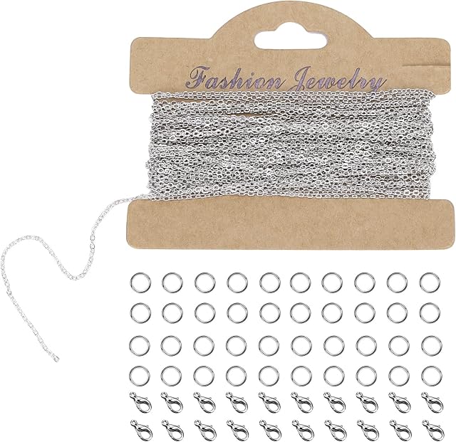 33feet Silver Plated Chain Link Cable Necklace with 20 Lobster Clasps and 40 Jump Rings, Stainless Steel Chains for DIY Jewelry Chain Making (1.5mm)