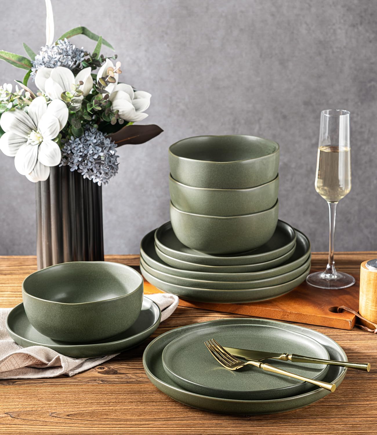 AmorArc Ceramic Dinnerware Sets, Wavy Rim Stoneware Plates and Bowls Sets,Dishwasher & Microwave & Oven Safe Dishes set, Service for 6 (18pc)