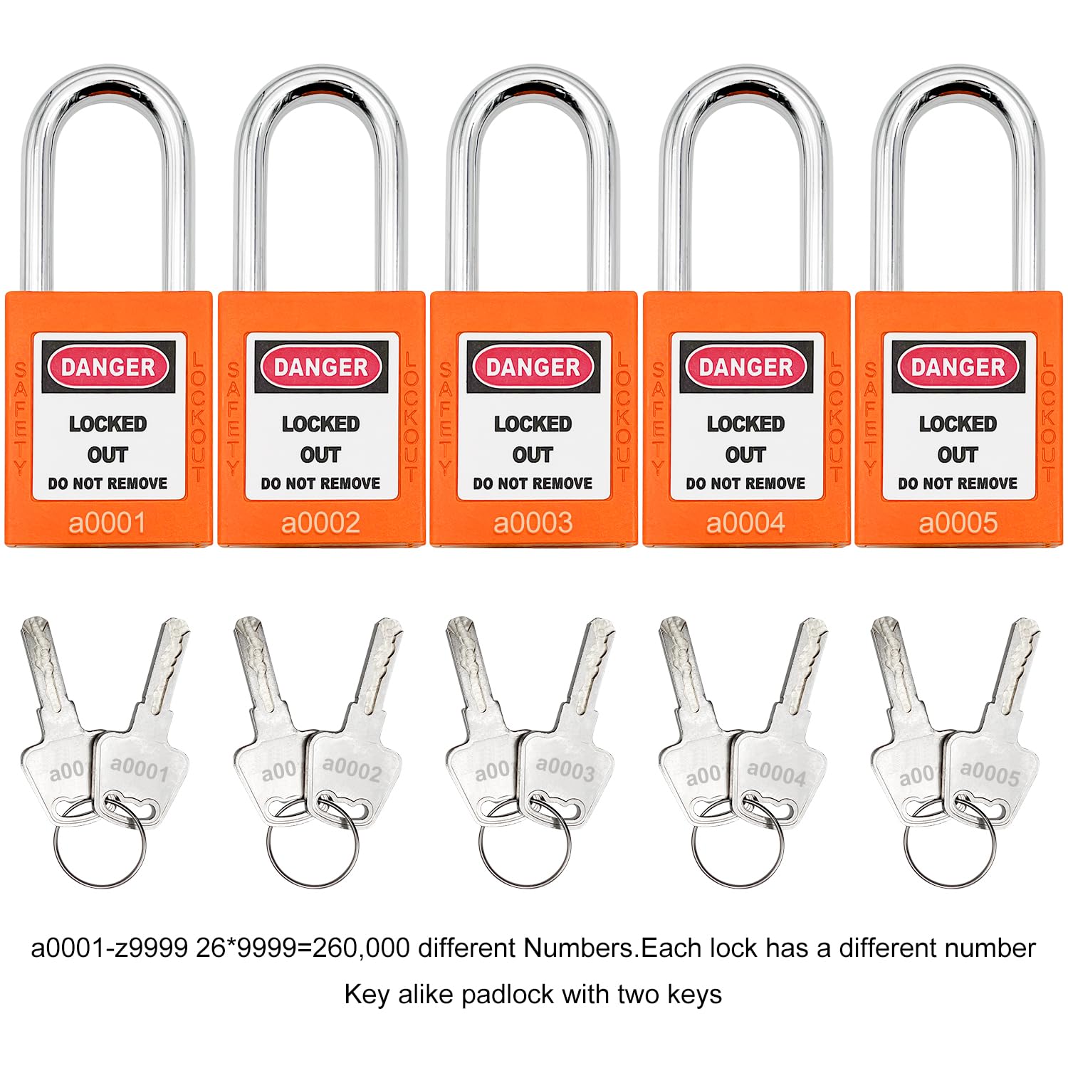 Loto - Juego de 5 candados seguros para estaciones y dispositivos (naranja, llave similar)