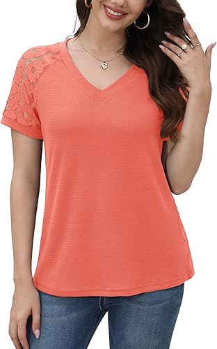 Jouica Blusa de manga corta con encaje y cuello en V para mujer, holgada, informal, de punto gofre