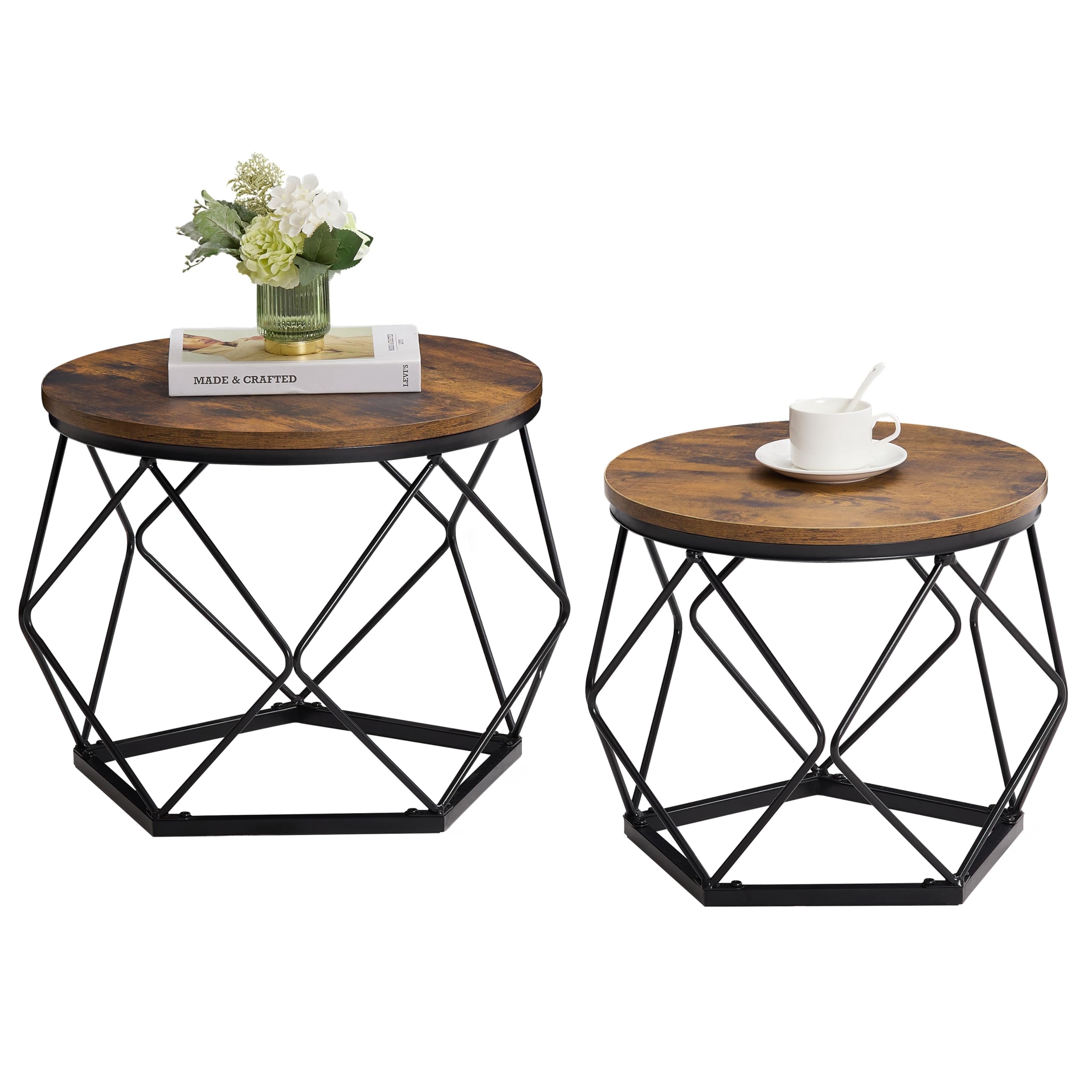 Vida Designs Brooklyn Round Coffee Tables, Set of 2 Side Tables, Modern Steel Frame Nesting Living Room Furniture (Dark Wood)