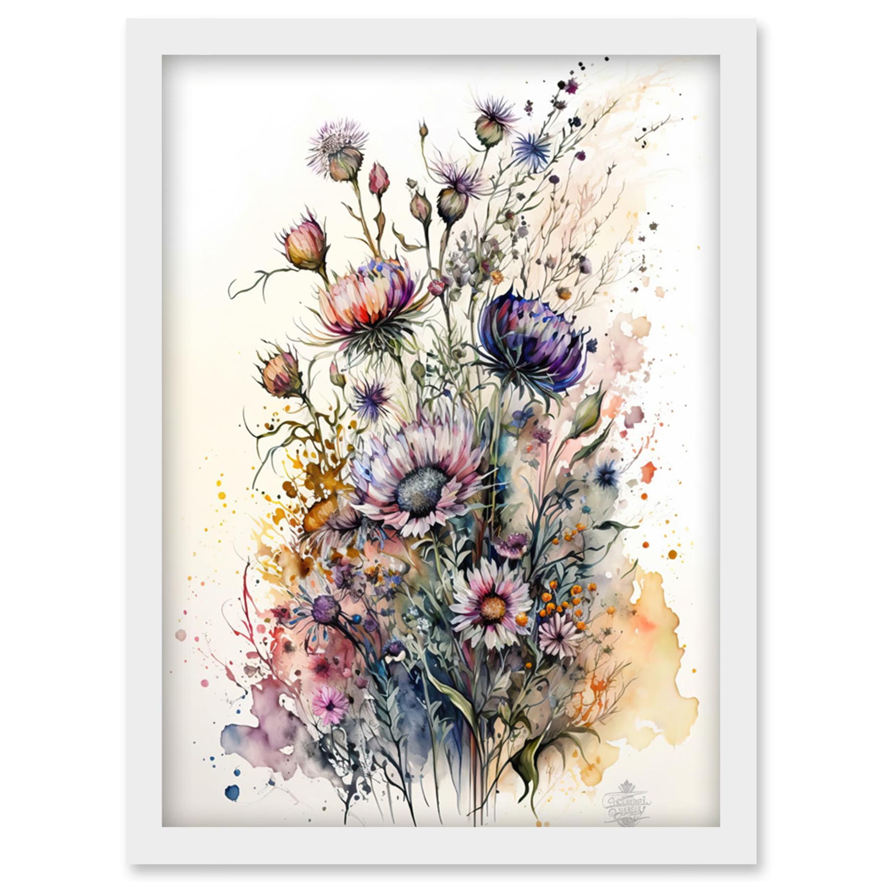 Artery8 Spring Wildflowers Watercolour Boho Illustration Artwork Framed Wall Art Print A4