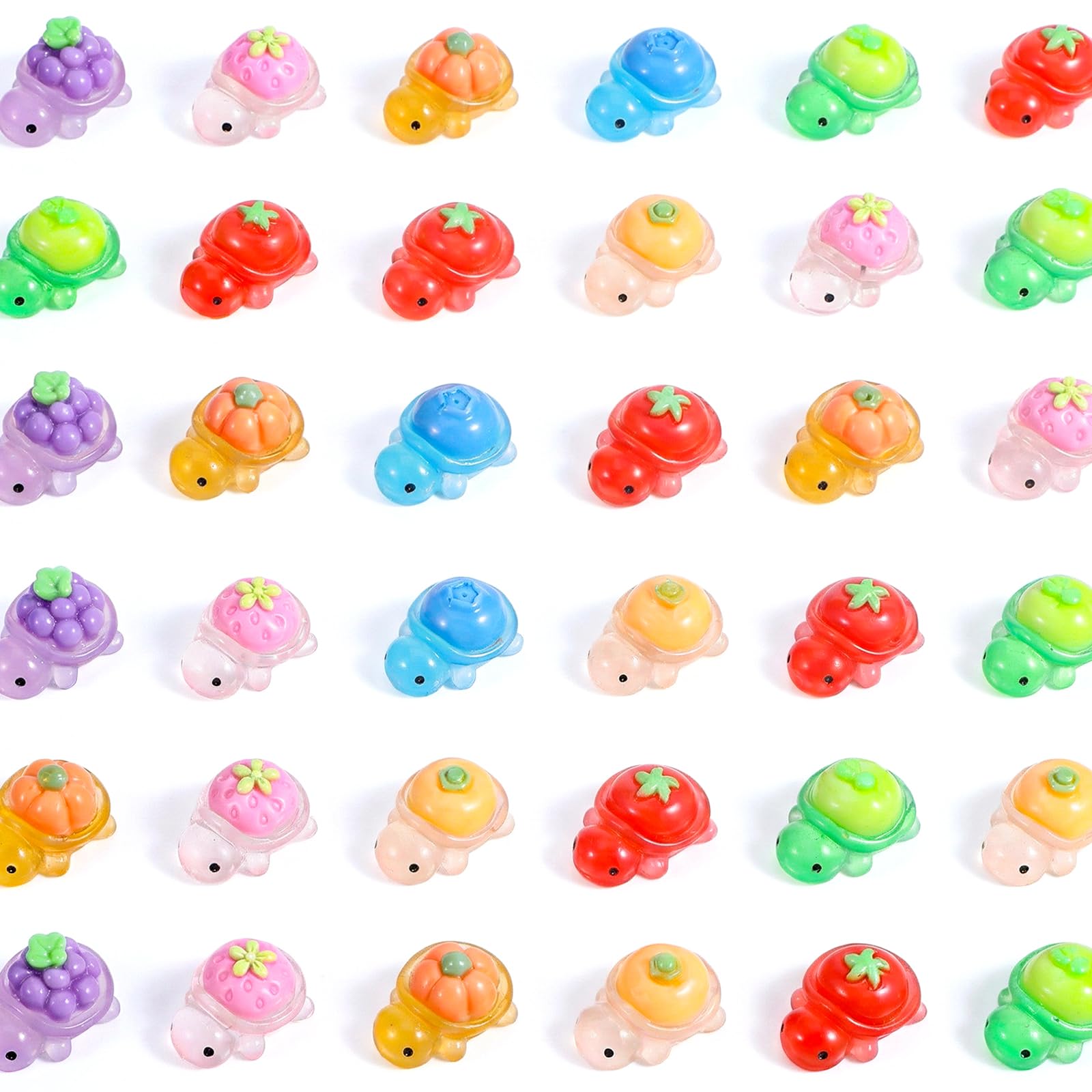 APLZGMG 50Pcs Mini Resin Turtles, Glow in the Dark Mini Turtle Figurines, Tiny Turtle with Fruit Design, Small Plastic Sea Animal for Dollhouse, Garden & DIY Micro Landscape Decor (7-Style Mix)