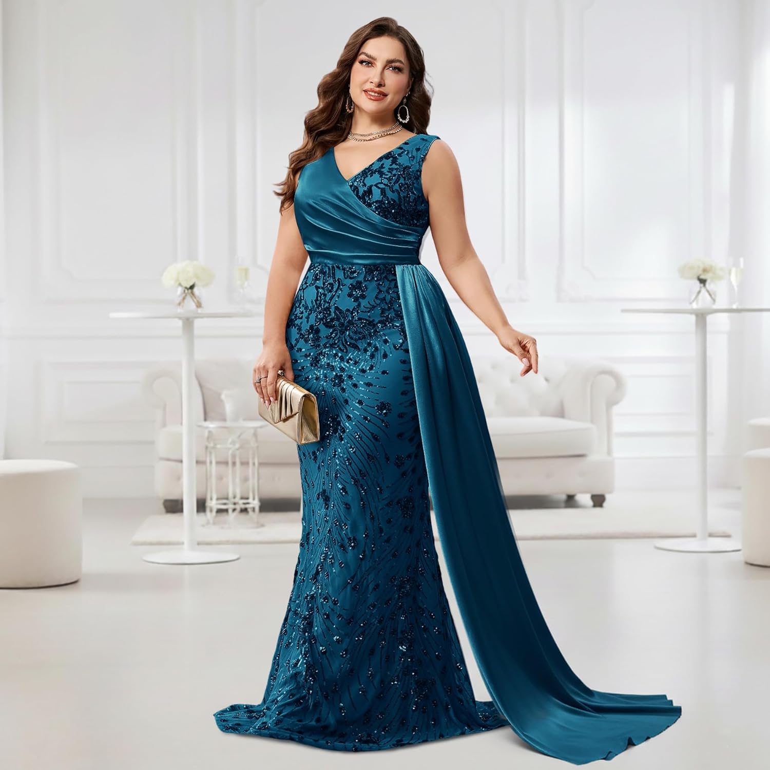 Plus Size V-Neck Formal Dresses for Women, Sleeveless Mermaid Evening Gown with Embroidery, Ruching & Flowing Tail