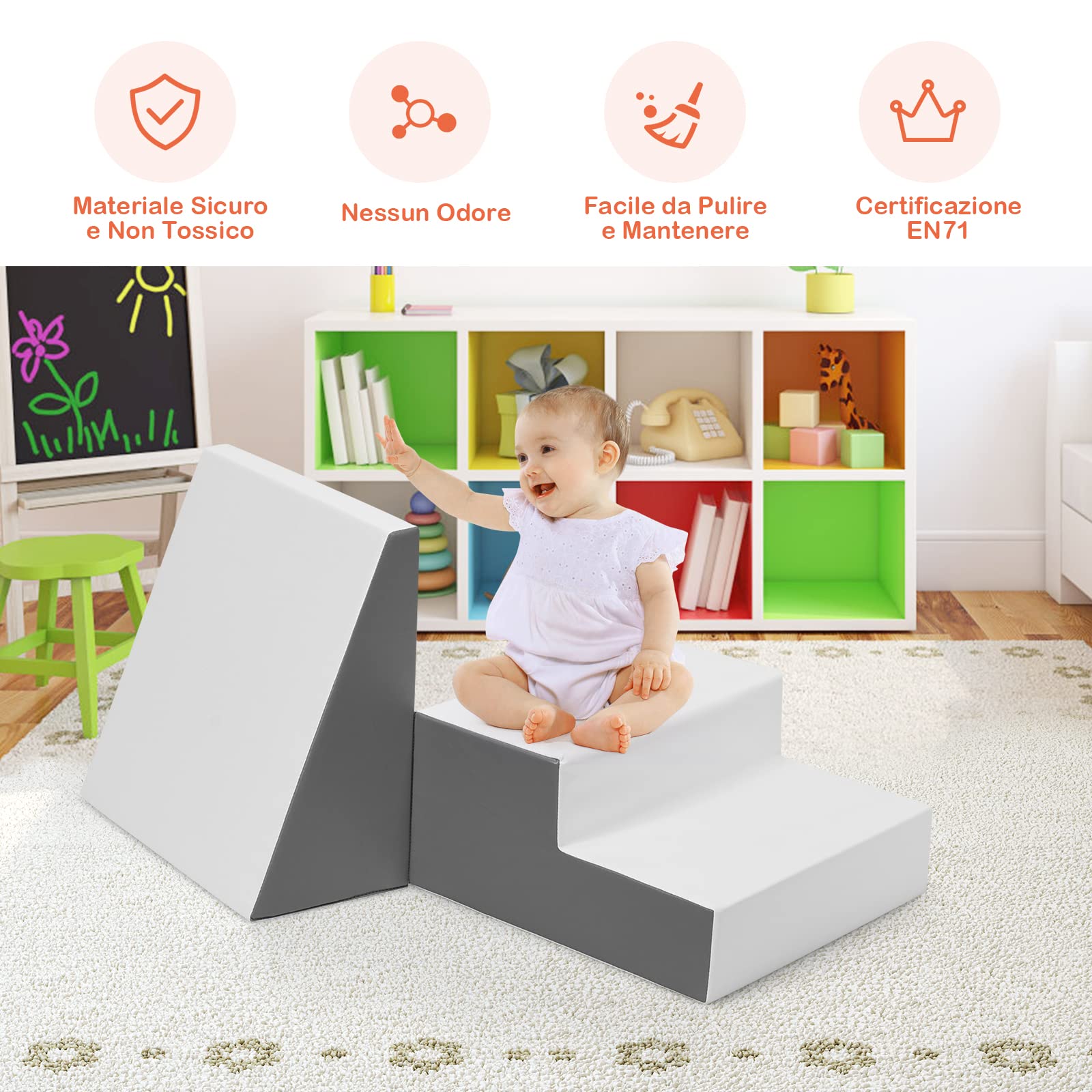 RELAX4LIFE Set di 2 Blocchi in Schiuma per Bambini, Scaletta e Trapezio da Assemblare e per Arrampicarsi, Centro Attività Componibile per Bambini (Bianco)