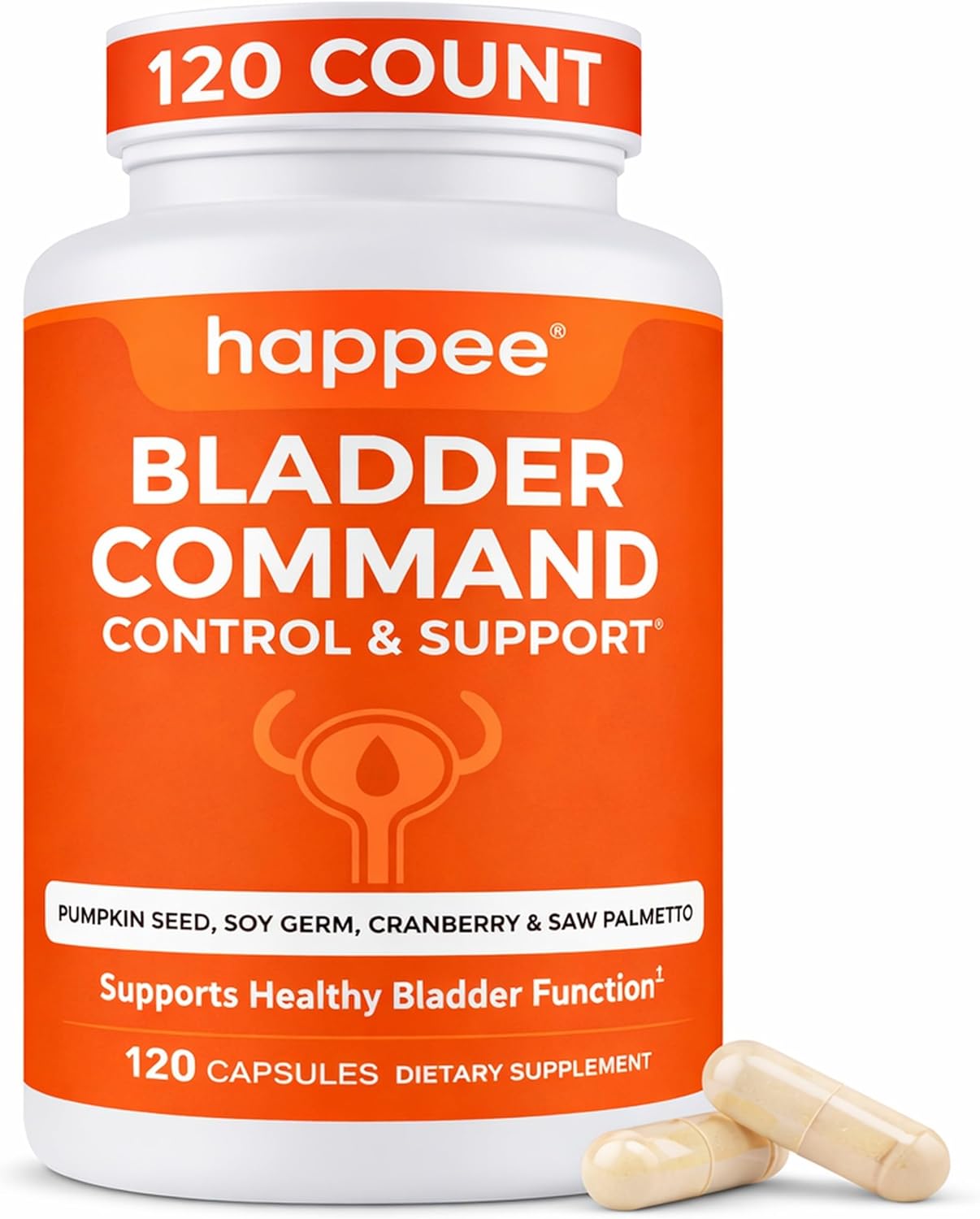 Happee Bladder Control Supplement for Women & Men - 120 Capsules with Pumpkin Seed Extract, Soy Germ Extract, Saw Palmetto & Cranberry | 4-in-1 Bladder Support for Urinary Frequency, Leaks & Urgency