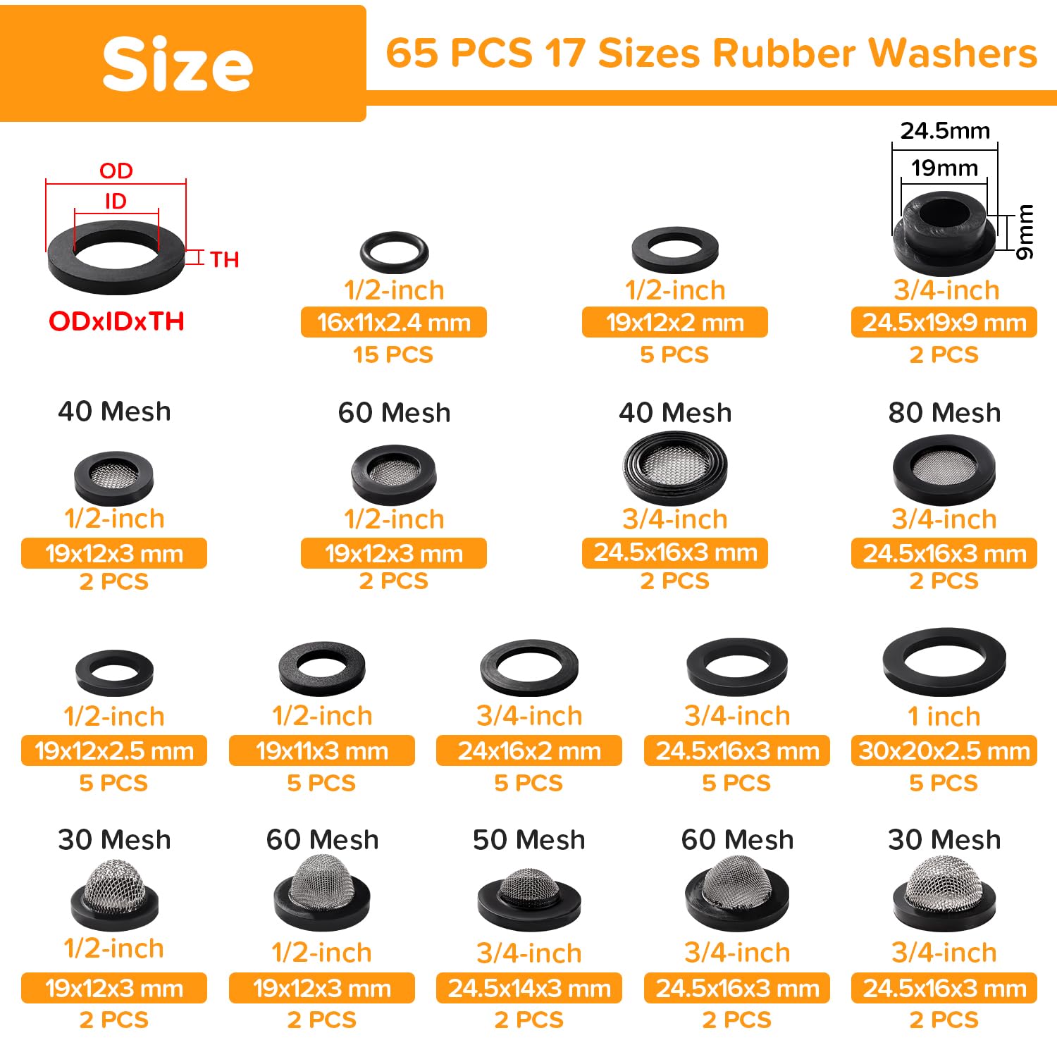 Lyeteung 65 PCS 1/2 3/4 1 Inch Hose Washers and Filter Mesh Washer Kit, Mesh Rubber Washers, Seal O Ring Gasket - Image 2