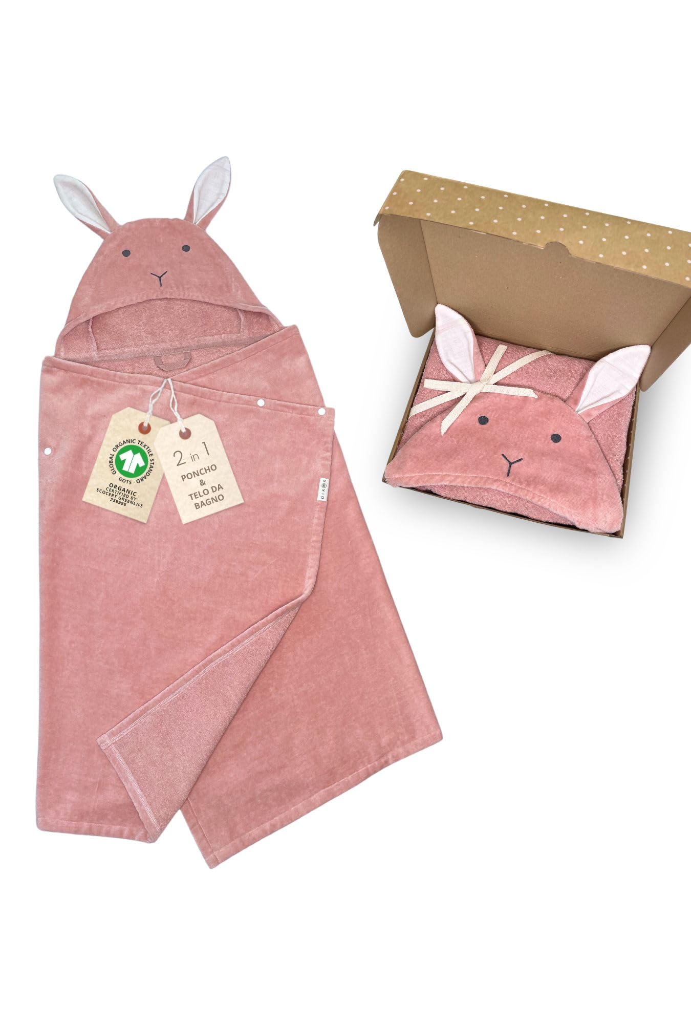 DIKOS® Poncho Bagno Bimbi Rosa Antico 70x140 cm | 2 in 1 Asciugamano Cappuccio Coniglio, Bottoni a Pressione, fino a Tg. 140 | 100% Cotone Bio Spugna/Velour, Morbido e Assorbente | Regalo Nascita