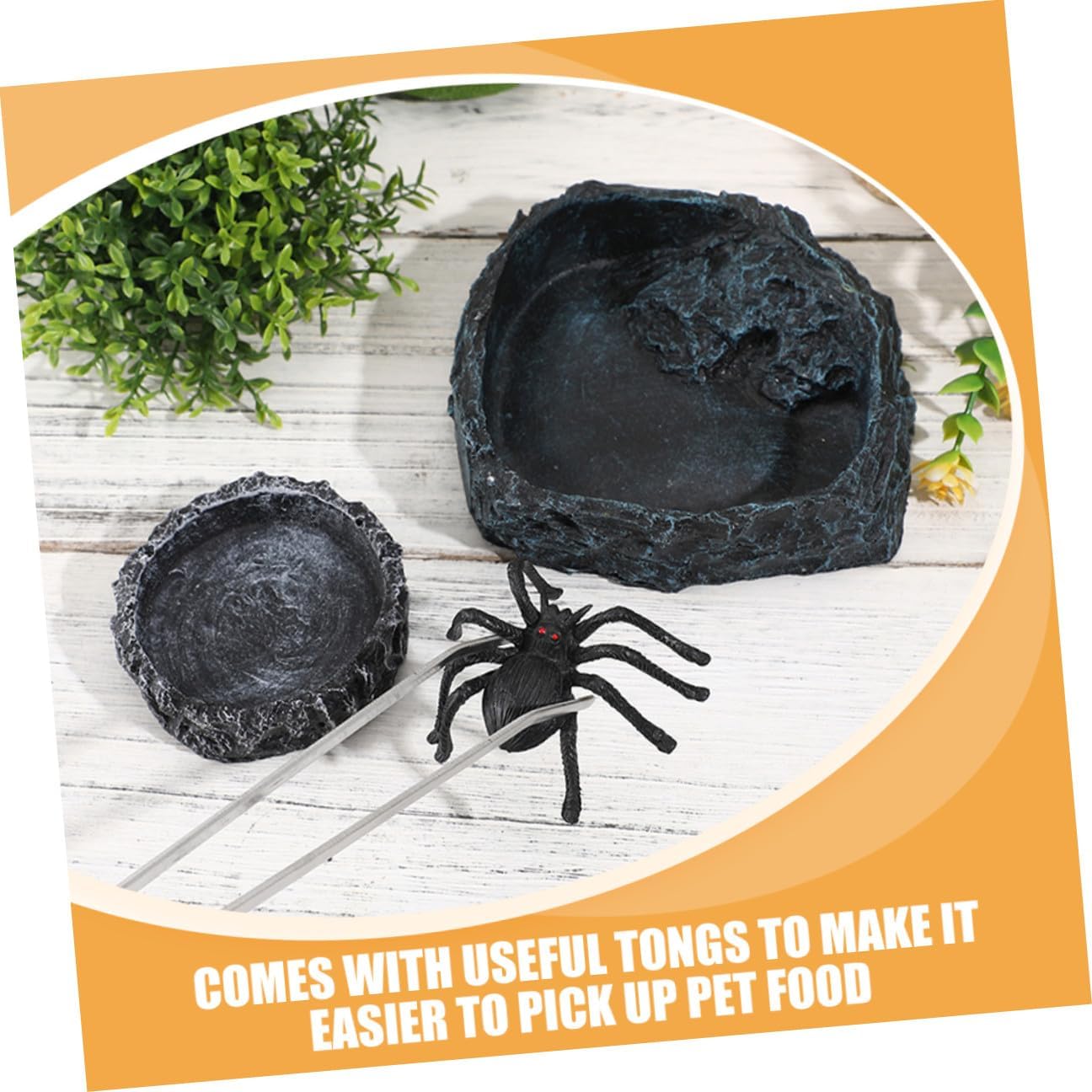 Milisten Reptile Feeding Dish and Water Bowl Set with 27cm Curved Feeding Tongs, Small Gray Food Bowl and Large Water Dish for Bearded Dragon, Snake, Tortoise Tank Accessories