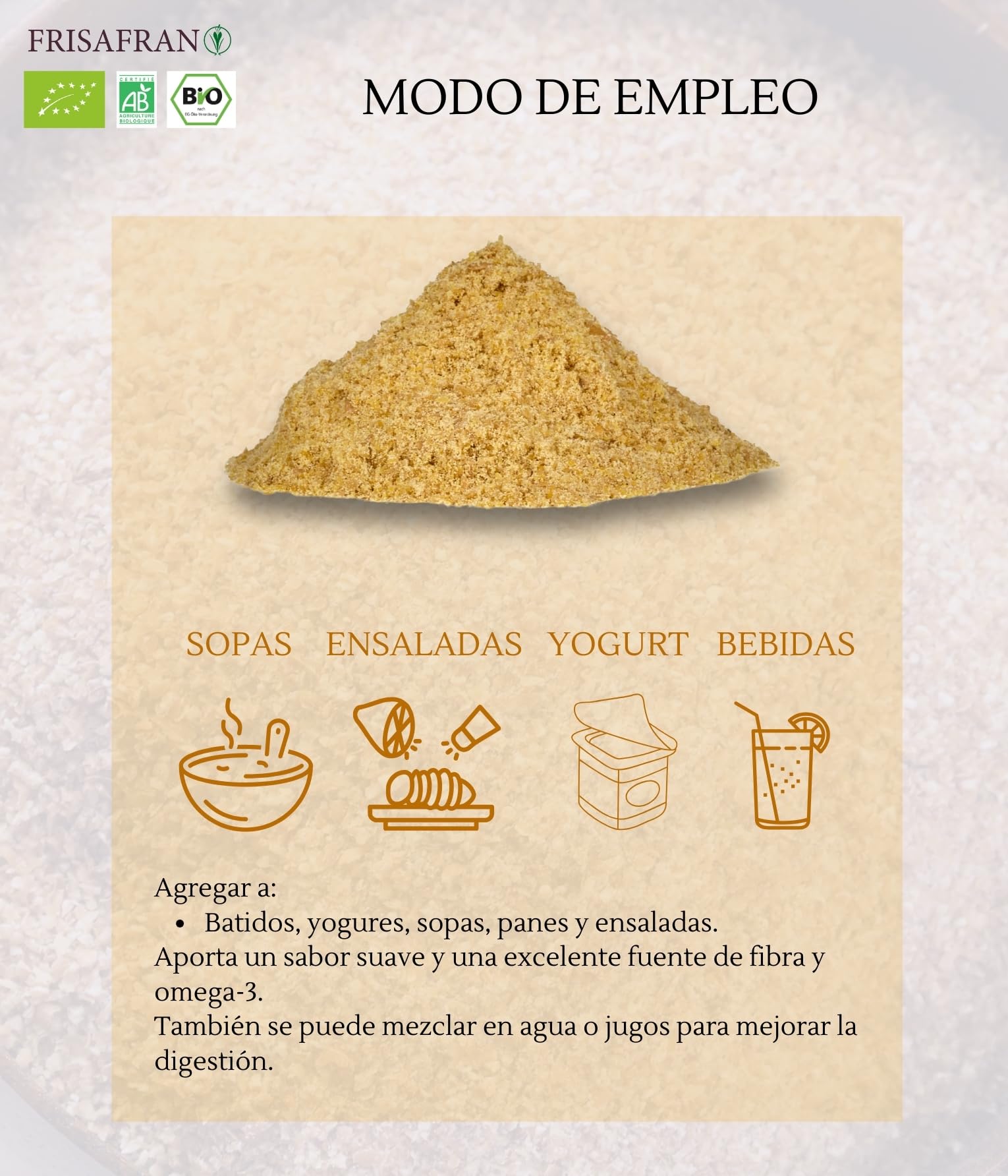FRISAFRAN | Semilla de Lino Dorado Molida Ecológico 200g | Superalimento Organico | lino dorado | Semillas de lino marrón | Ácidos grasos | Fuente Natural de Fibra | Omega 3 | 100% Vegano | Sin Gluten