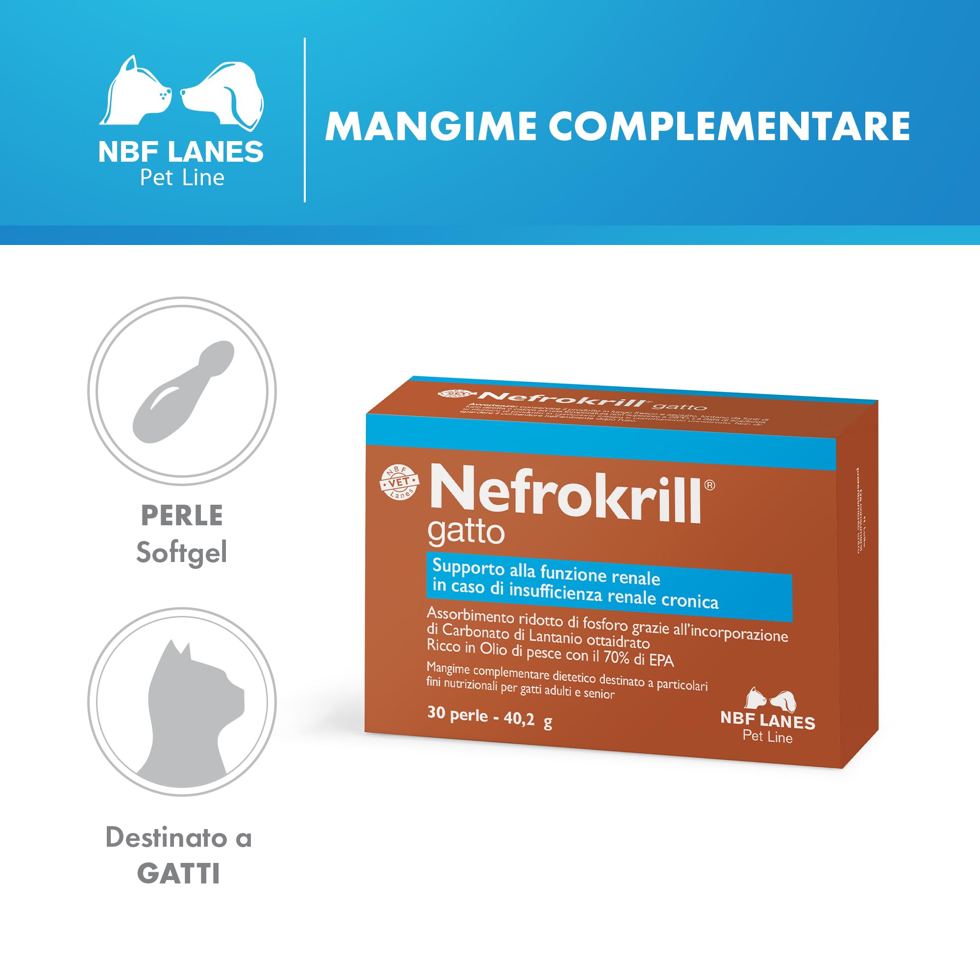 NBF Lanes | Nefrokrill Gatto, 30 Perle Softgel, Supporto alla Funzione Renale in Caso di Insufficienza Renale Cronica, per Gatti Adulti e Senior